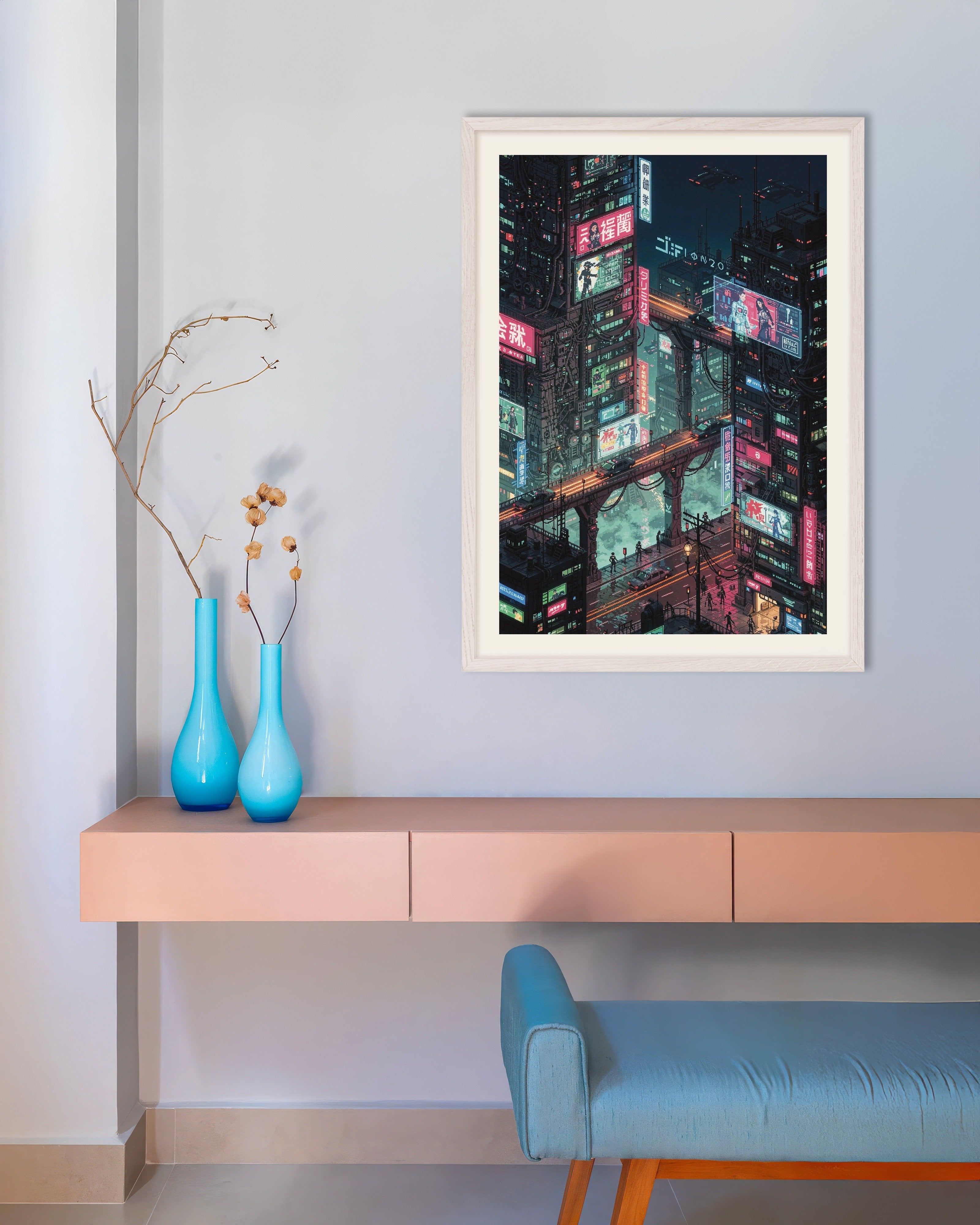 Poster of Neon Overpass - Japanese Cyber City Pixel Art, with white wooden frame