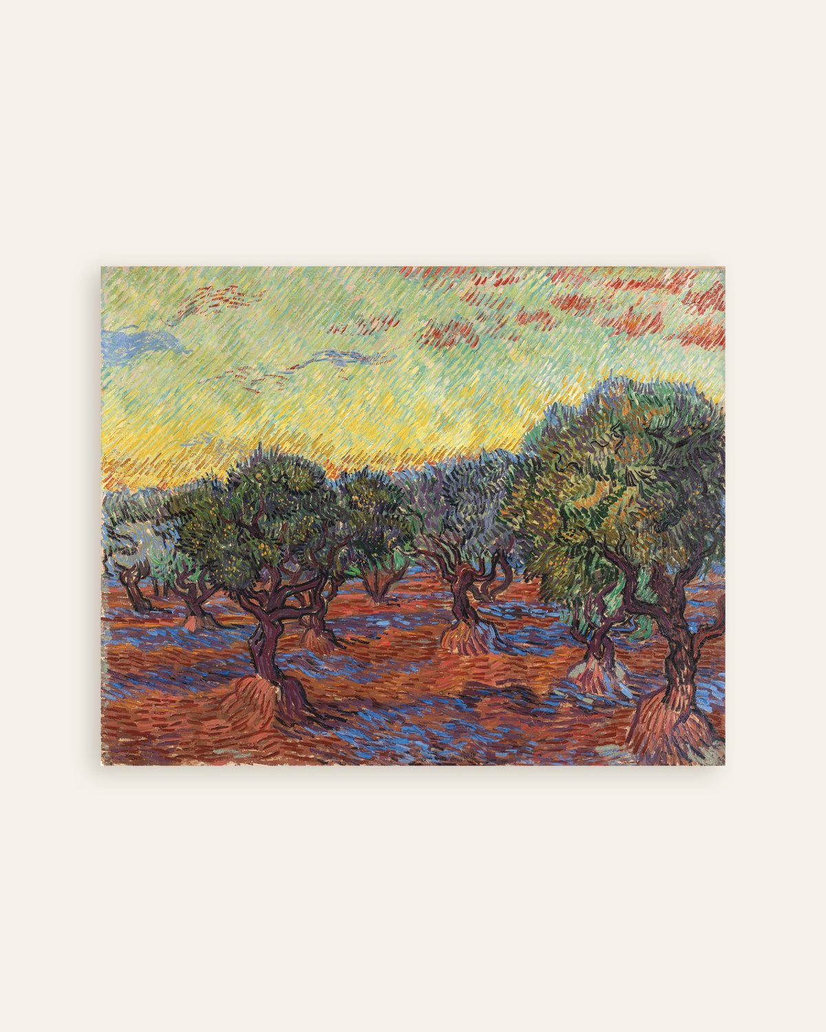 Vincent van Goghin Oliivilehto oranssin taivaan alla (1889) -juliste, pikkukuva