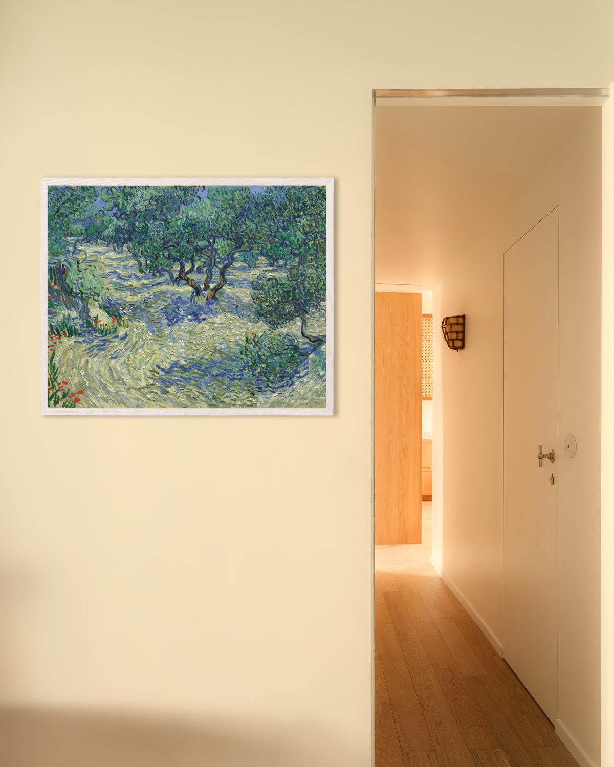 Juliste teoksesta Oliivilehto (1889), Vincent van Gogh, valkoisella puukehyksellä