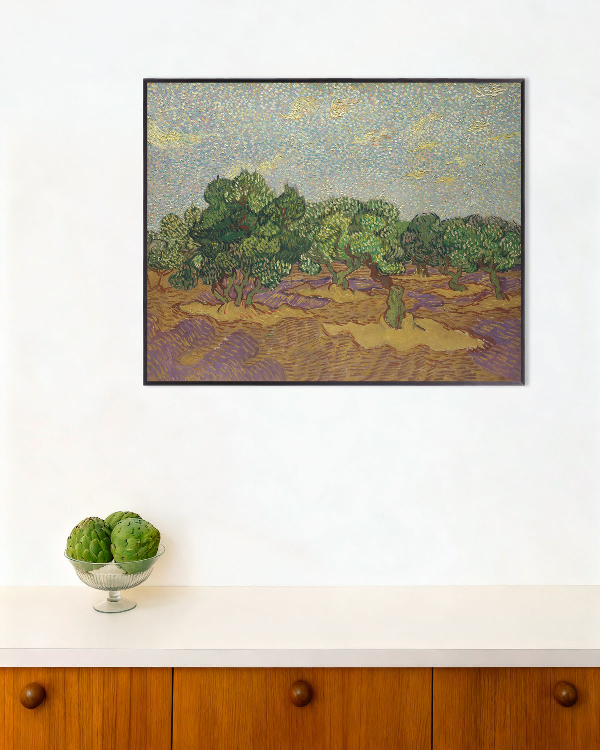 Vincent van Goghin teos Oliivipuut vaalean taivaan alla (1889), metallikehyksissä