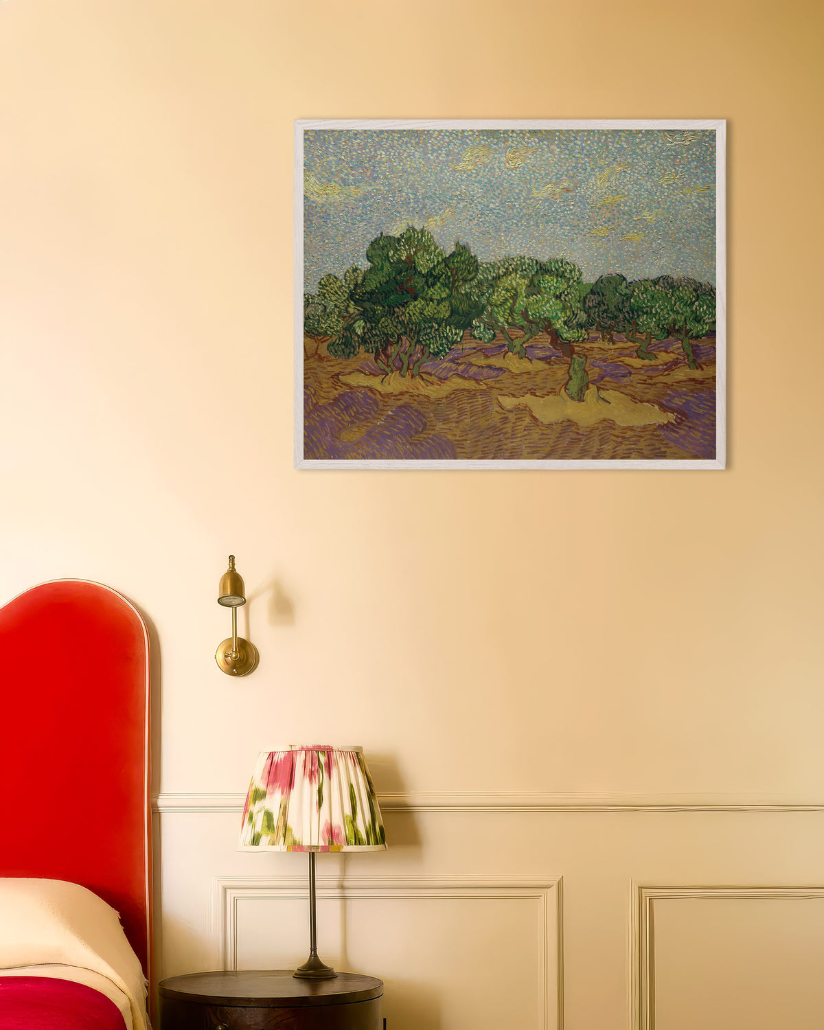 Vincent van Goghin teos Oliivipuut vaalean taivaan alla (1889), valkoisissa puukehyksissä
