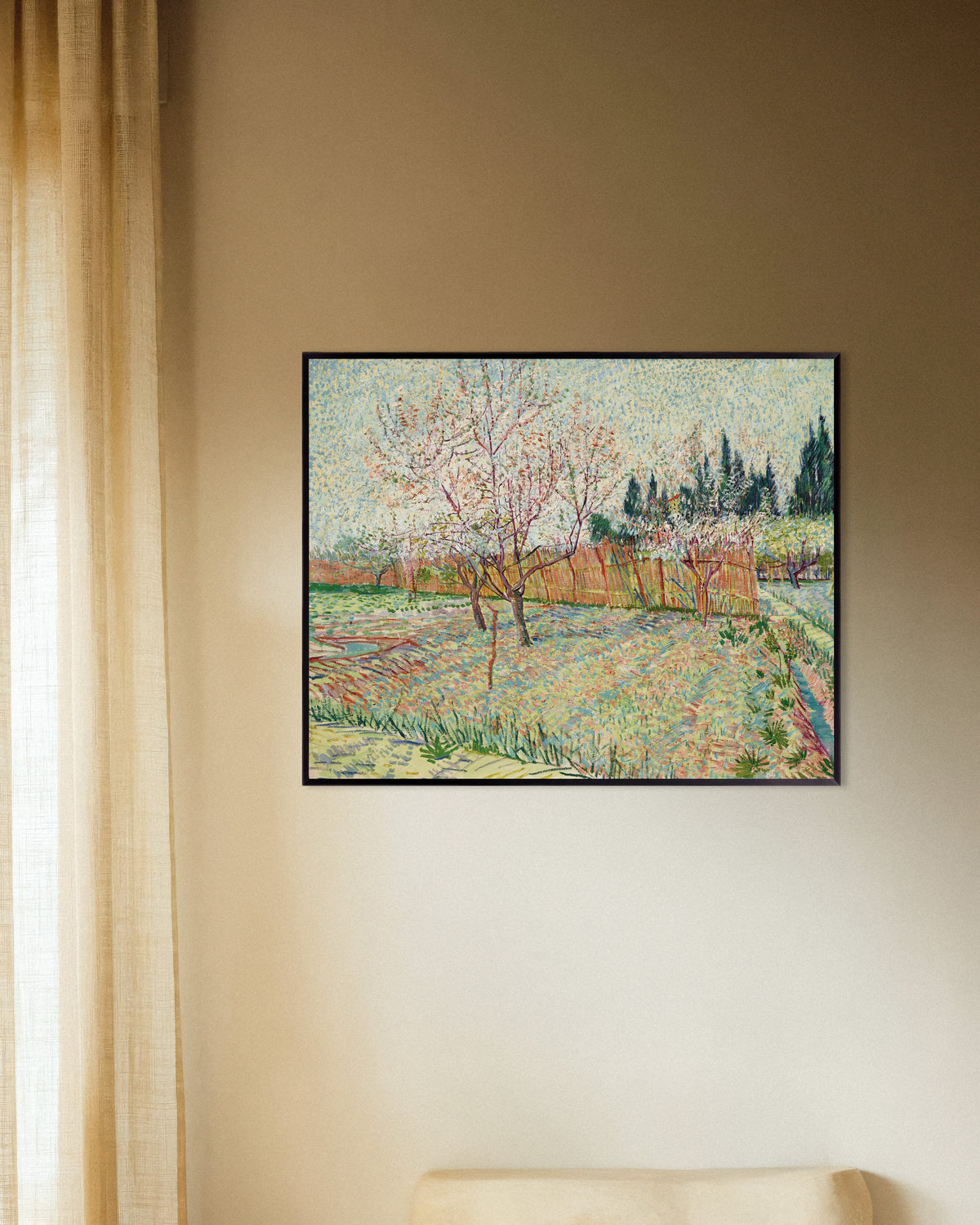 Juliste teoksesta Sypressien reunustama hedelmätarha (1888), Vincent van Gogh, metallikehyksissä