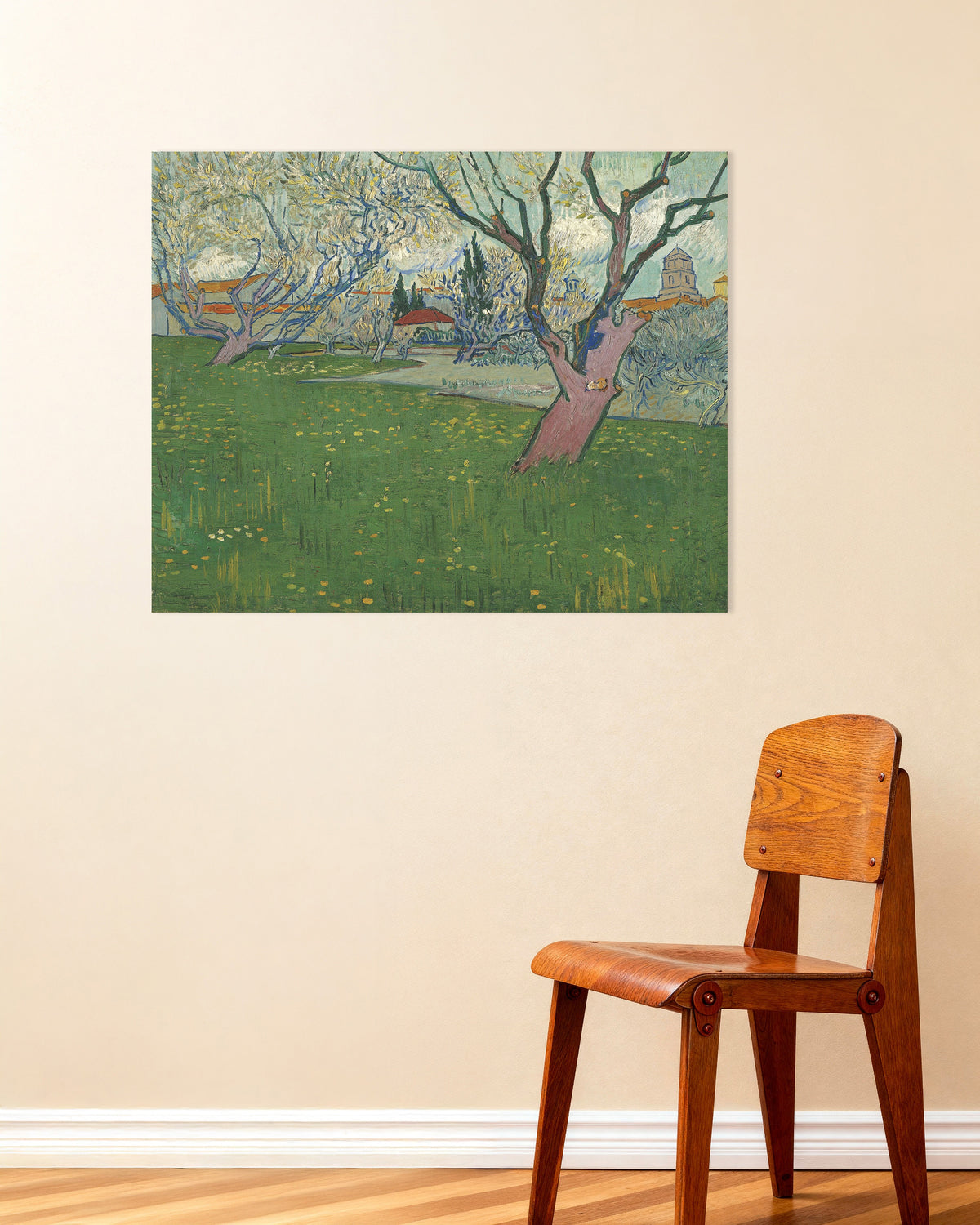 Juliste, Vincent van Goghin teos Kukkiva hedelmätarha ja näkymä Arlesiin (1889)
