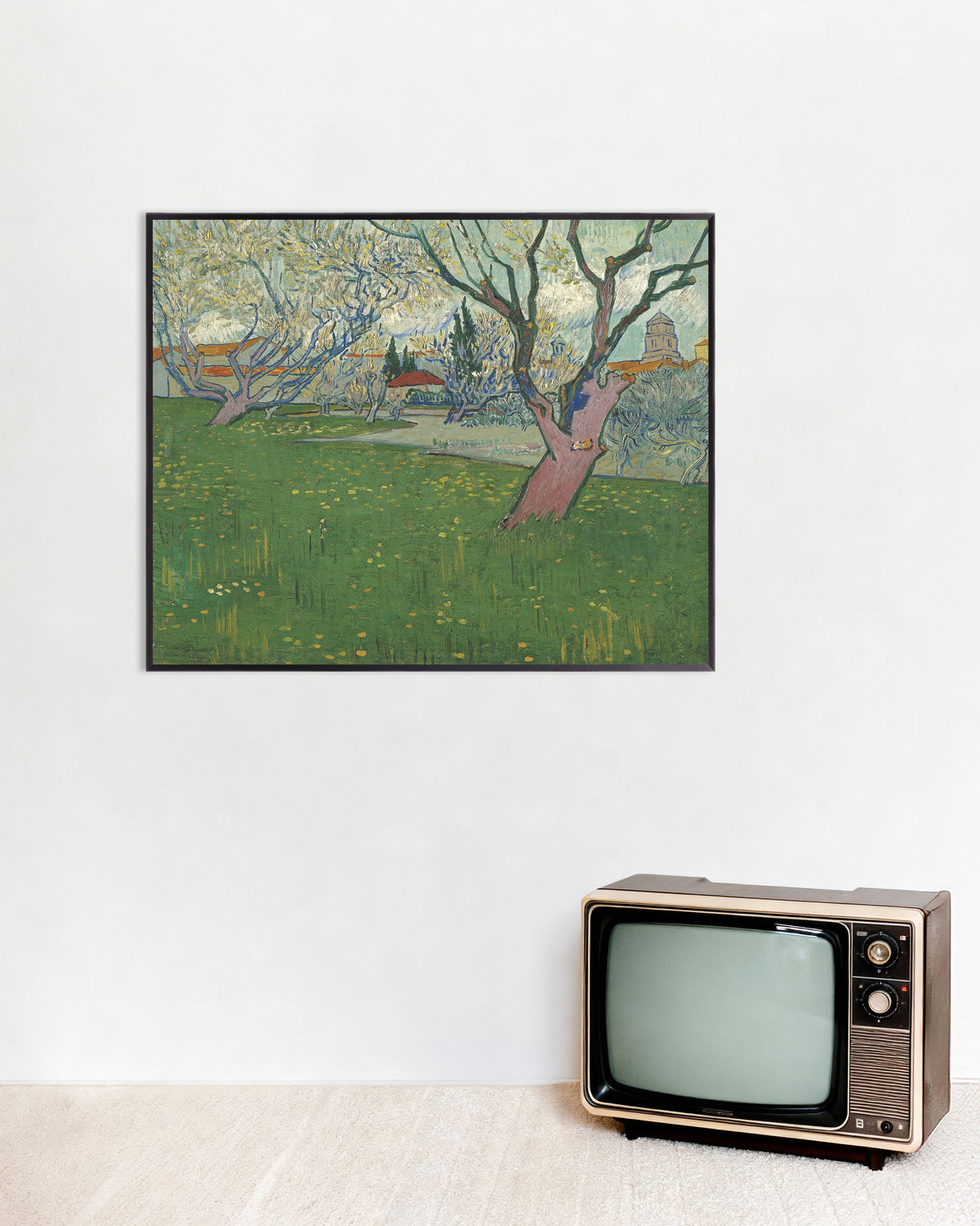 Juliste, Vincent van Goghin teos Kukkiva hedelmätarha ja näkymä Arlesiin (1889), metallikehyksellä