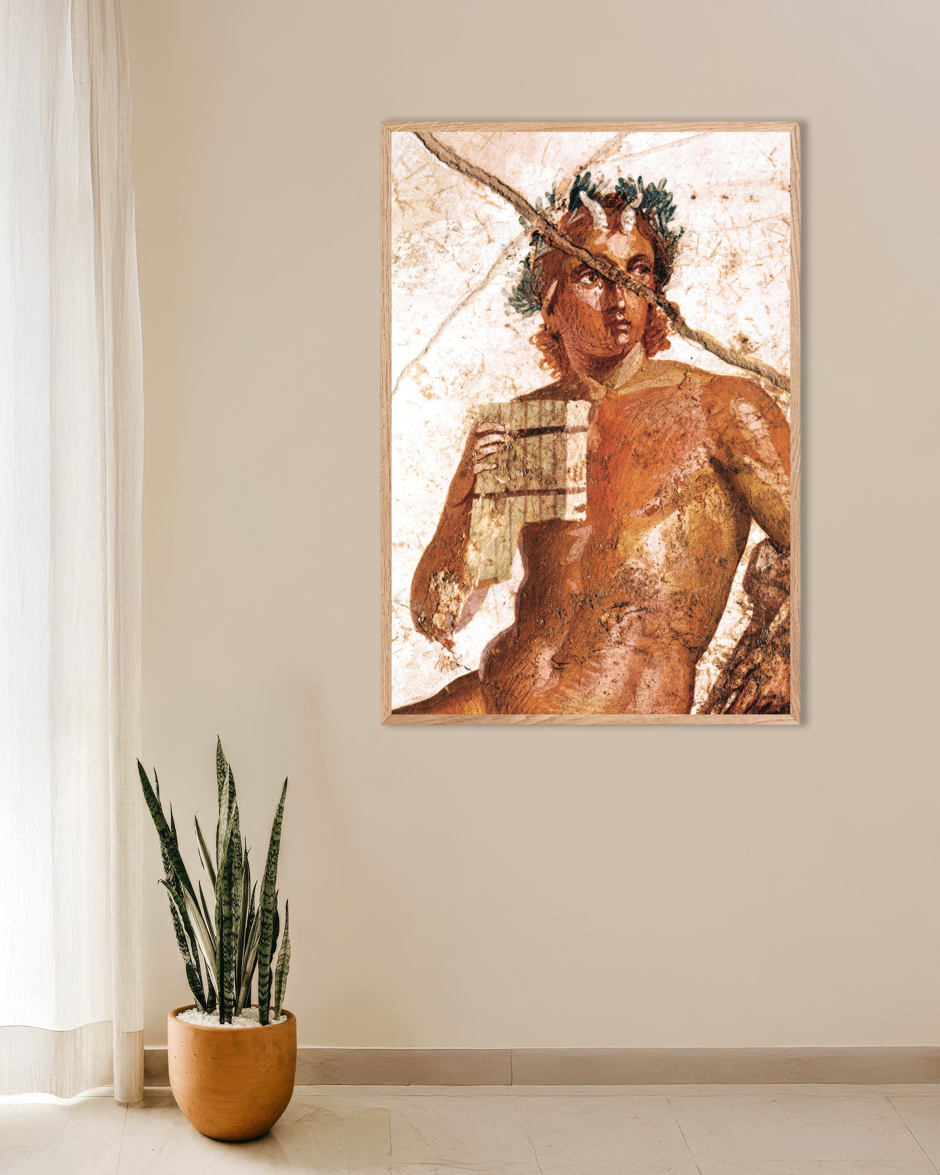 Poster of Pan musician fresco poster, with natural wooden frame