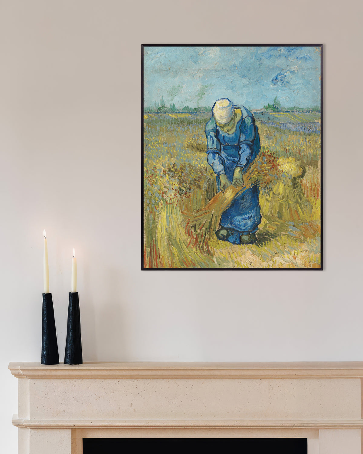 Vincent van Goghin juliste Lyhteitä sitova talonpoikaisnainen, Millet’n mukaan (1889), metallikehyksellä