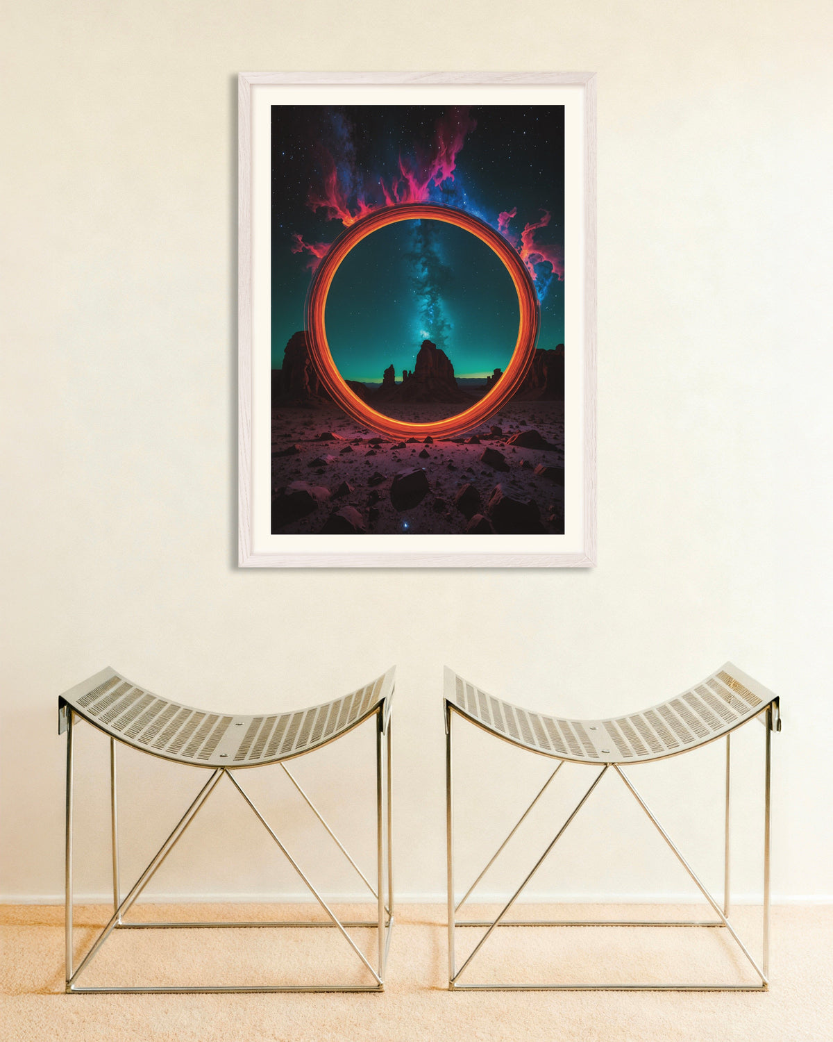Photolab Luminescent Neon, ajan ympyrä valkoisissa puukehyksissä