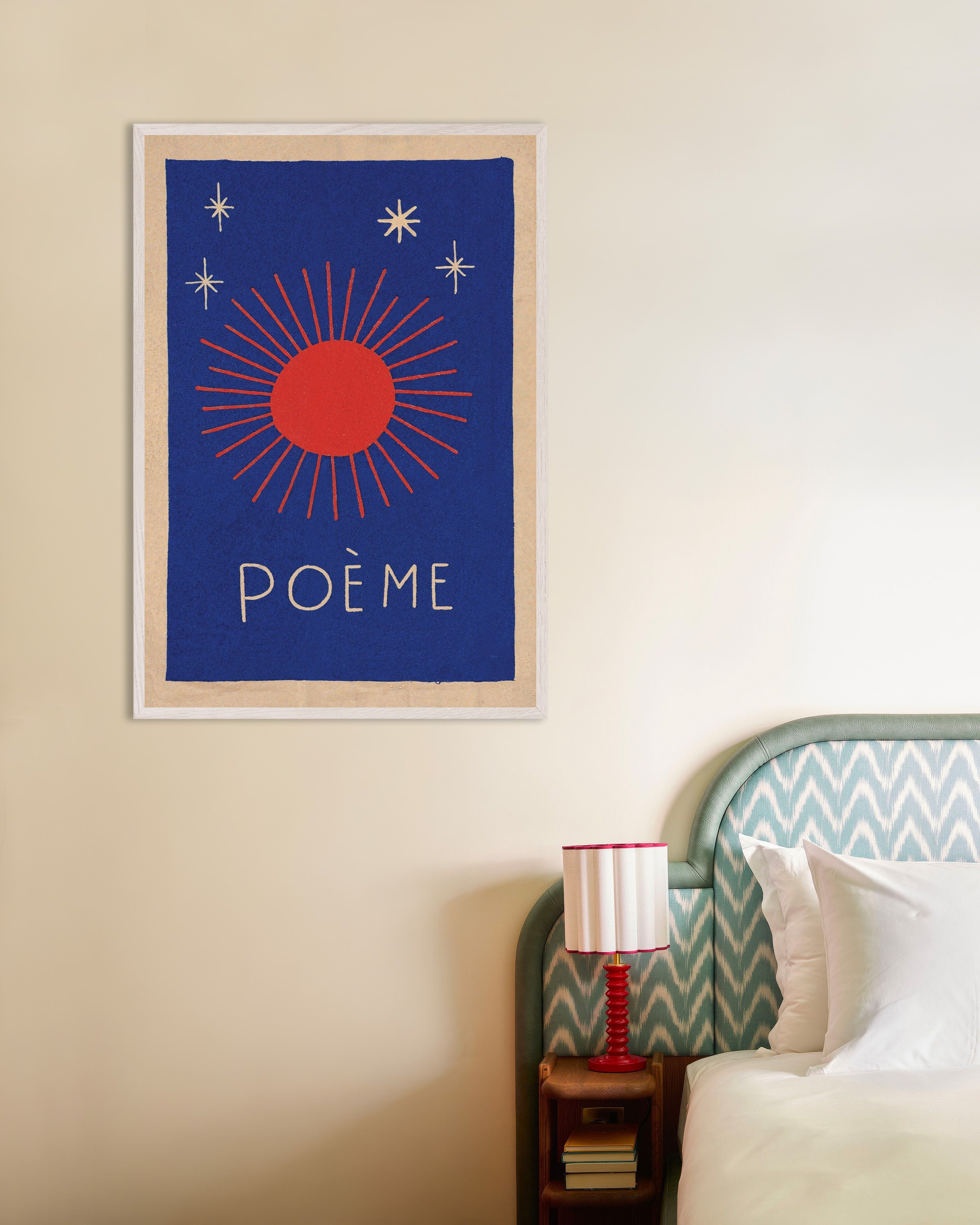 Poster of Poème - Sun and Stars Poster, with white wooden frame