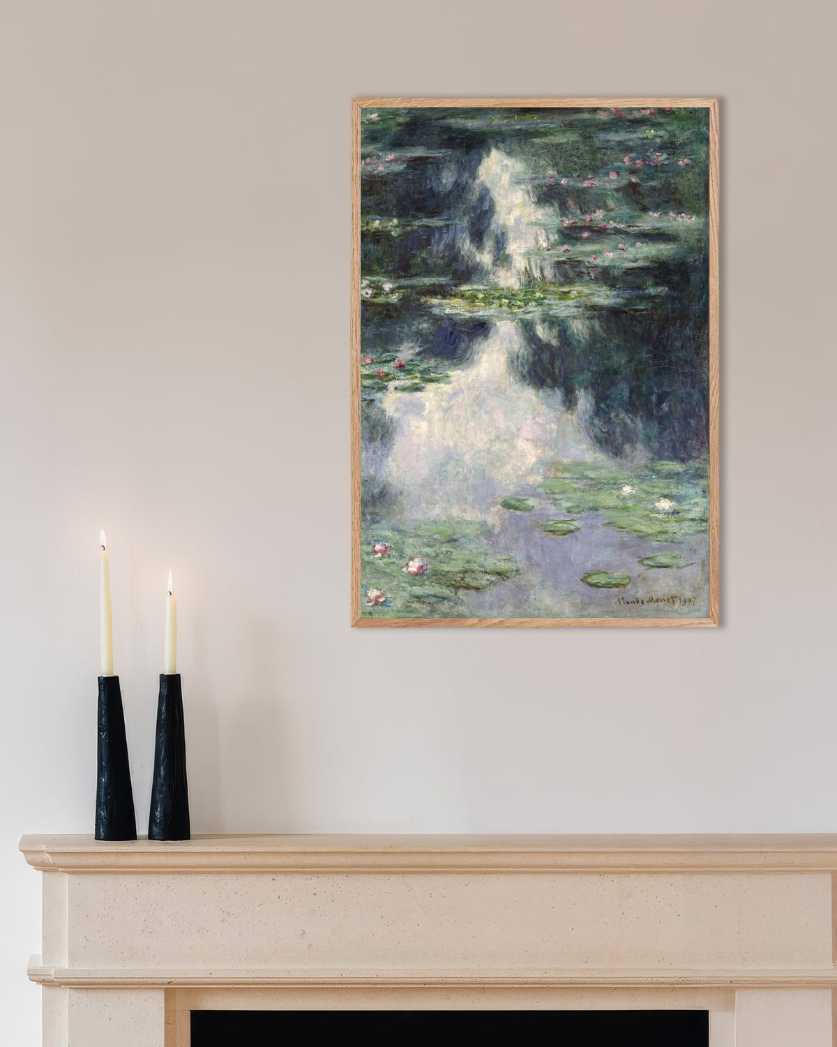 Claude Monet’n Lampi ja lumpeet (1907) -juliste luonnonvärisessä puukehyksessä