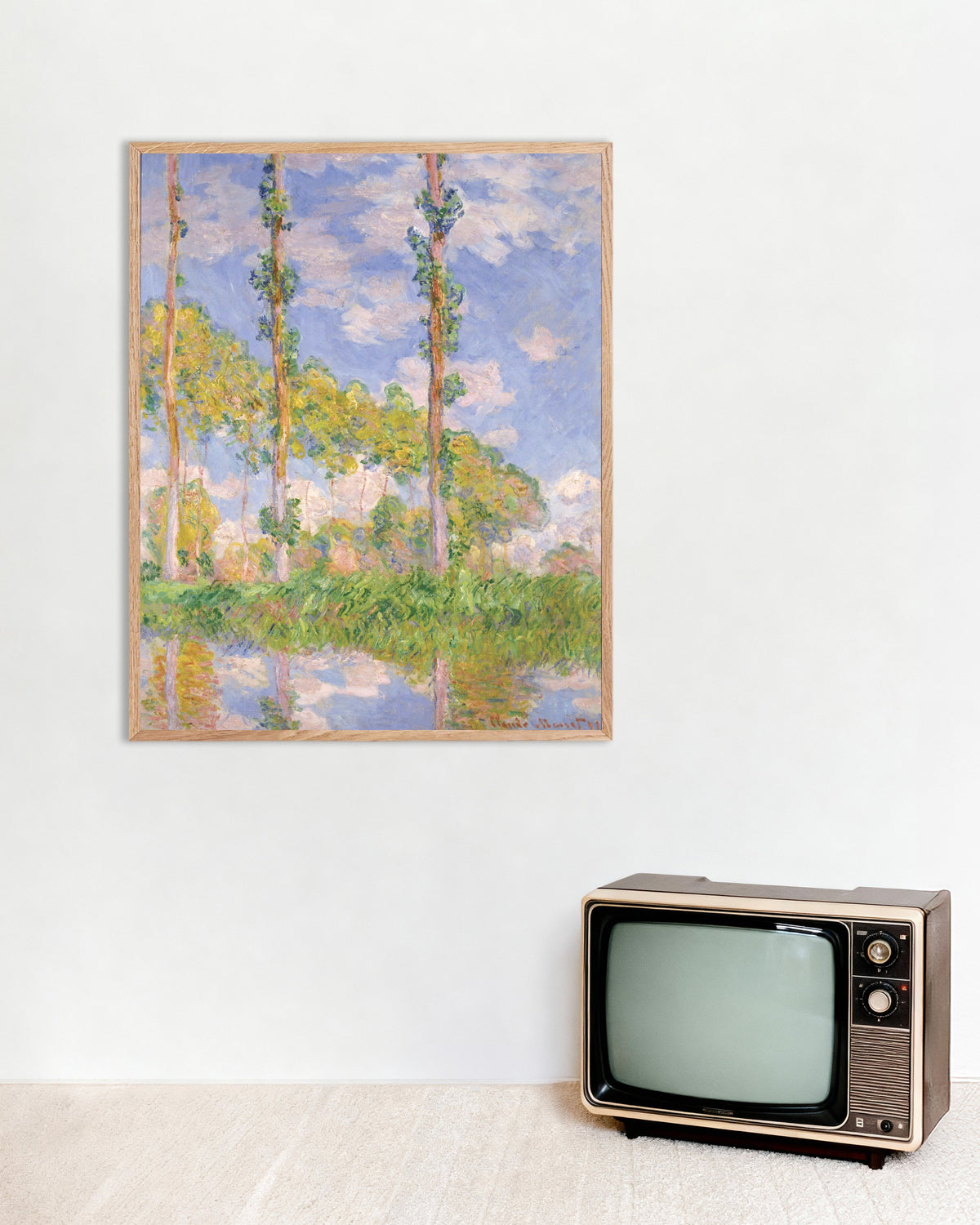 Claude Monet’n Poppelit auringossa (1891) -juliste luonnonvärisessä puukehyksessä