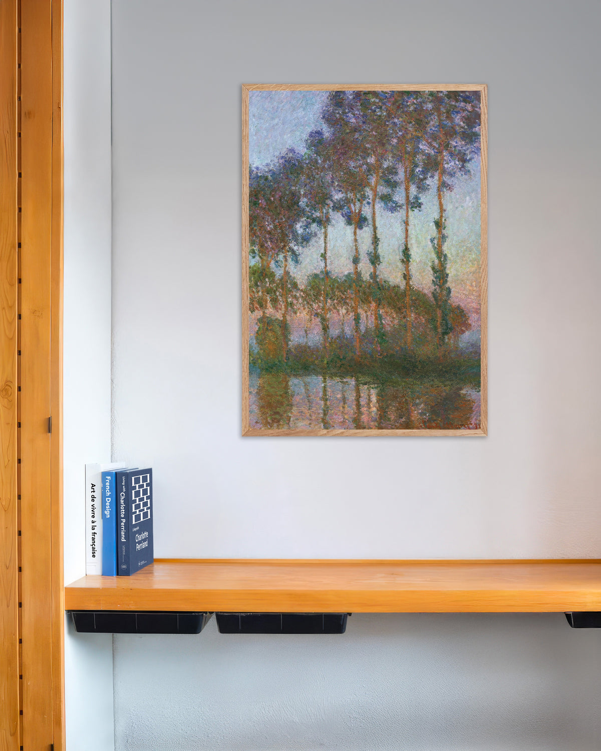 Claude Monet’n Poppeleita Epte-joen rannalla, hämärä (1891) -juliste luonnonvärisessä puukehyksessä