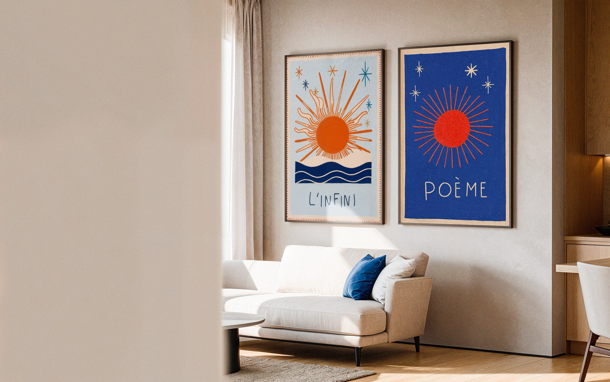 Two abstract wall art pieces on a wall above a sofa in a living room.