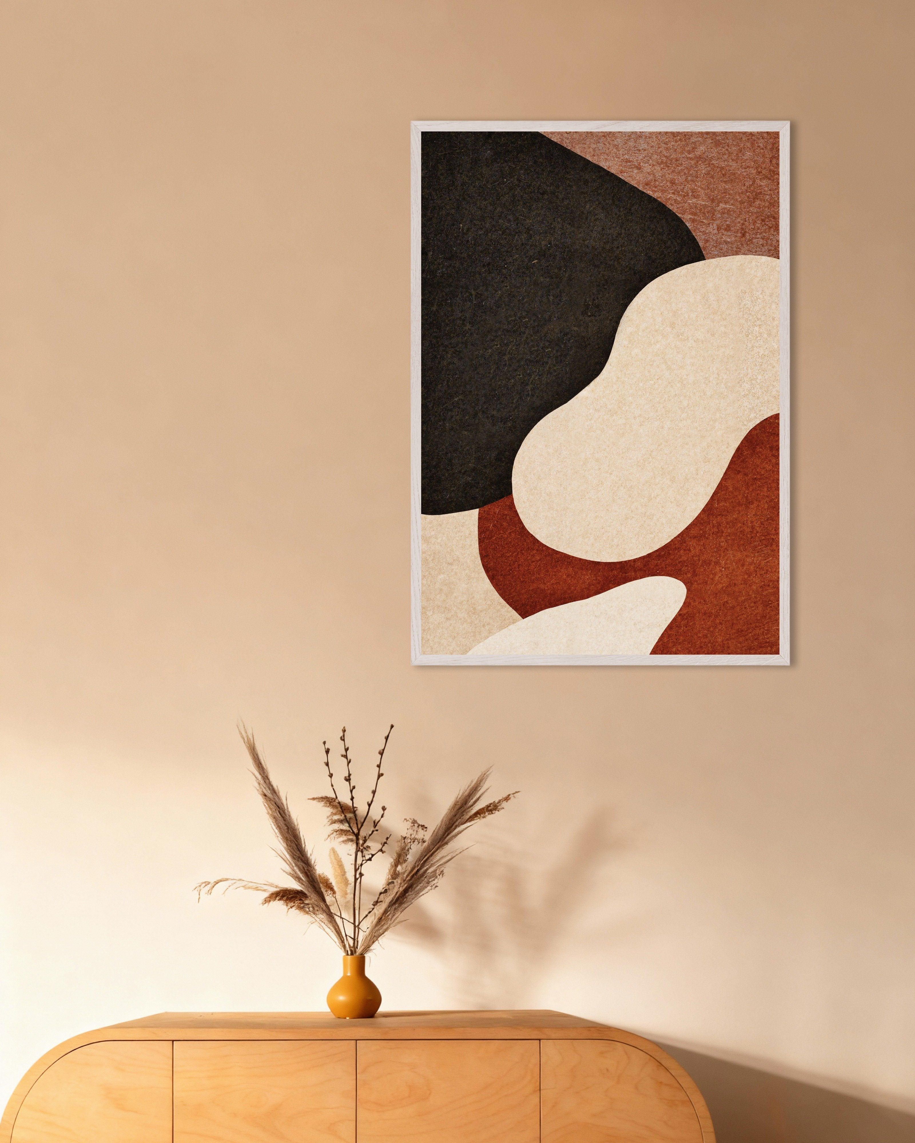 Poster of Quiet Forms in Terracotta and Charcoal, with white wooden frame
