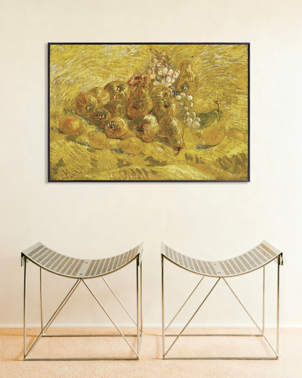 Juliste teoksesta Kvitteniä, sitruunoita, päärynöitä ja viinirypäleitä (1887), Vincent van Gogh, metallikehyksellä