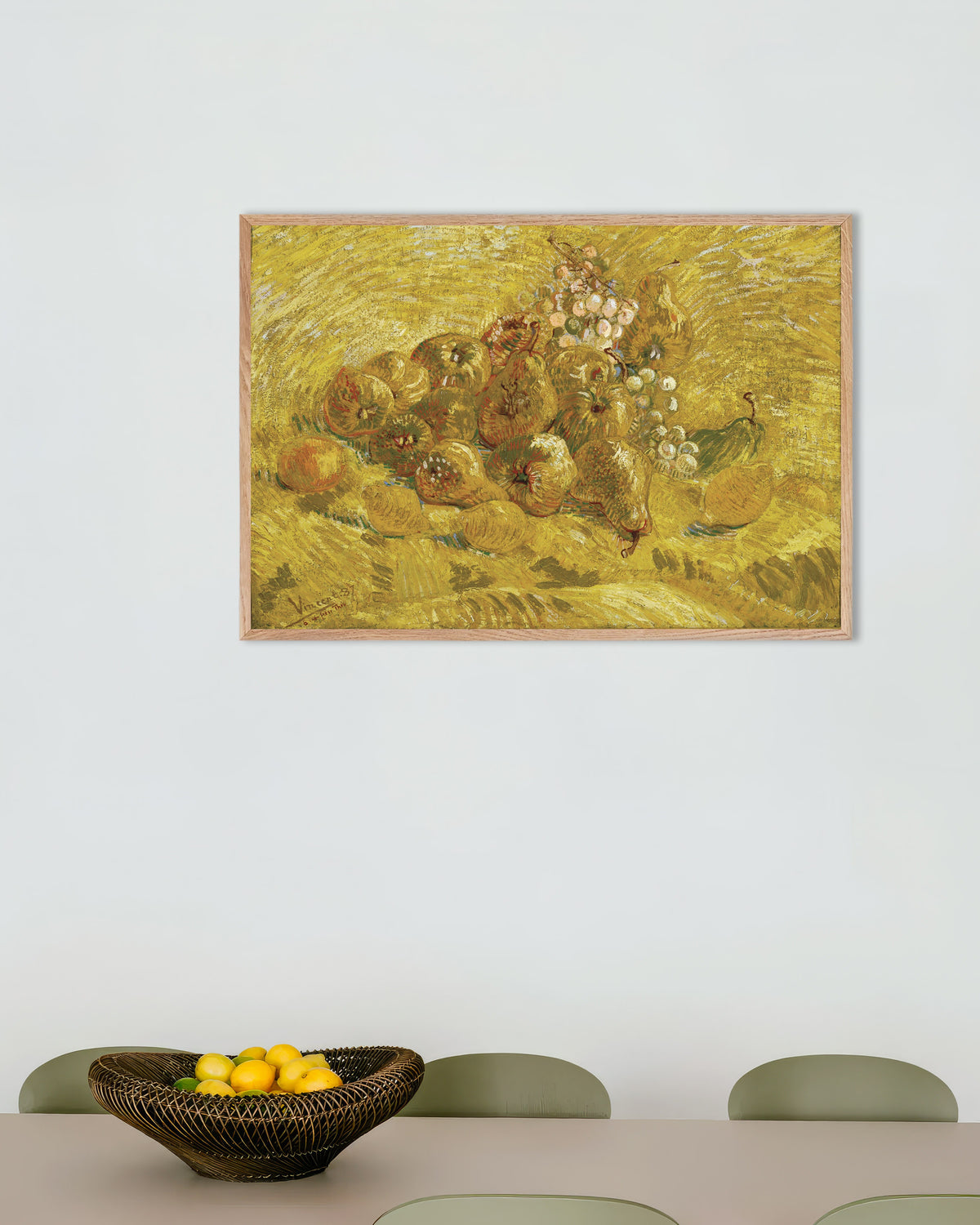 Juliste teoksesta Kvitteniä, sitruunoita, päärynöitä ja viinirypäleitä (1887), Vincent van Gogh, luonnonvärisillä puukehyksillä