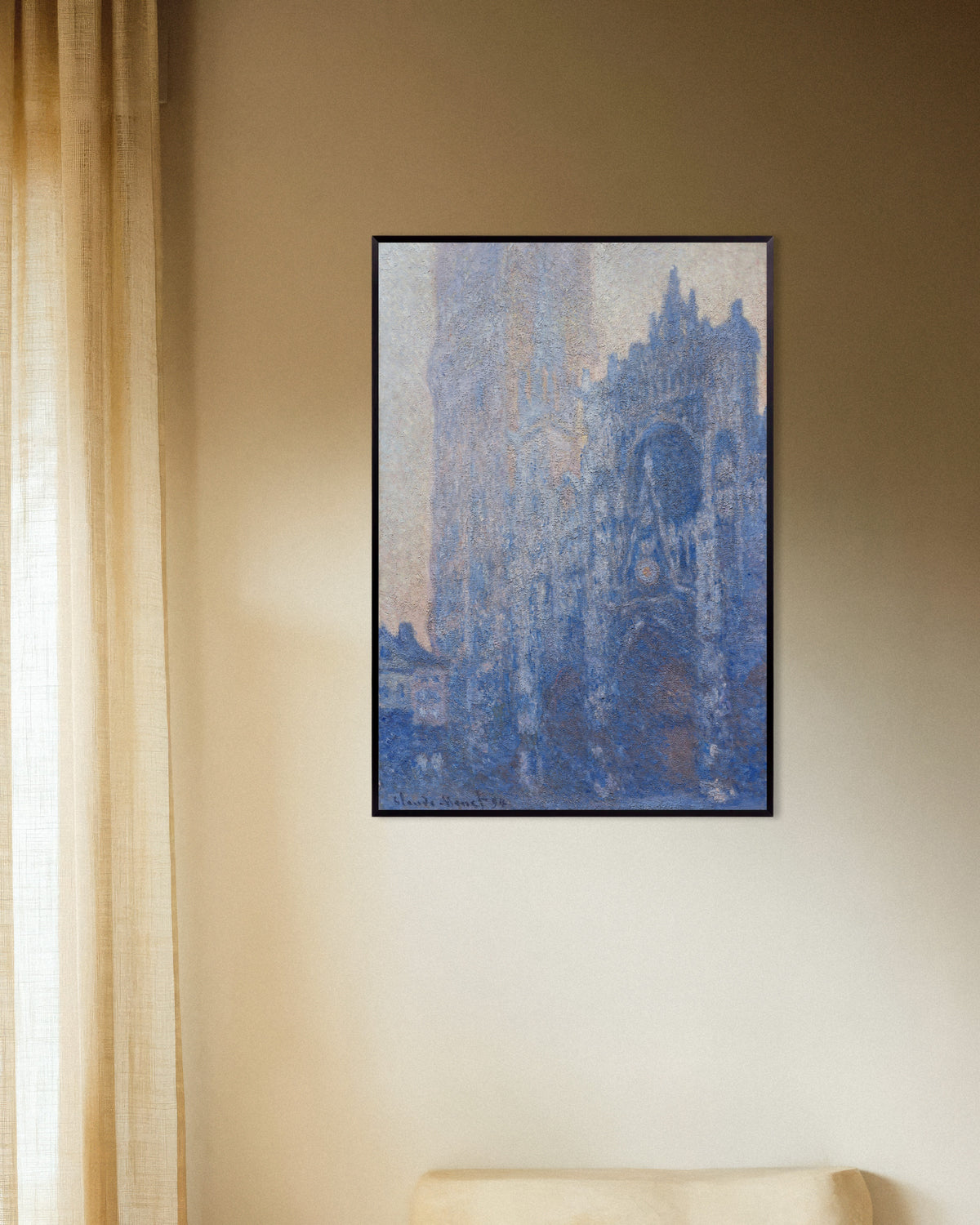 Claude Monet’n Rouenin katedraali, portaali ja Tour d'Albane, aamun valo (1894) -juliste metallikehyksessä