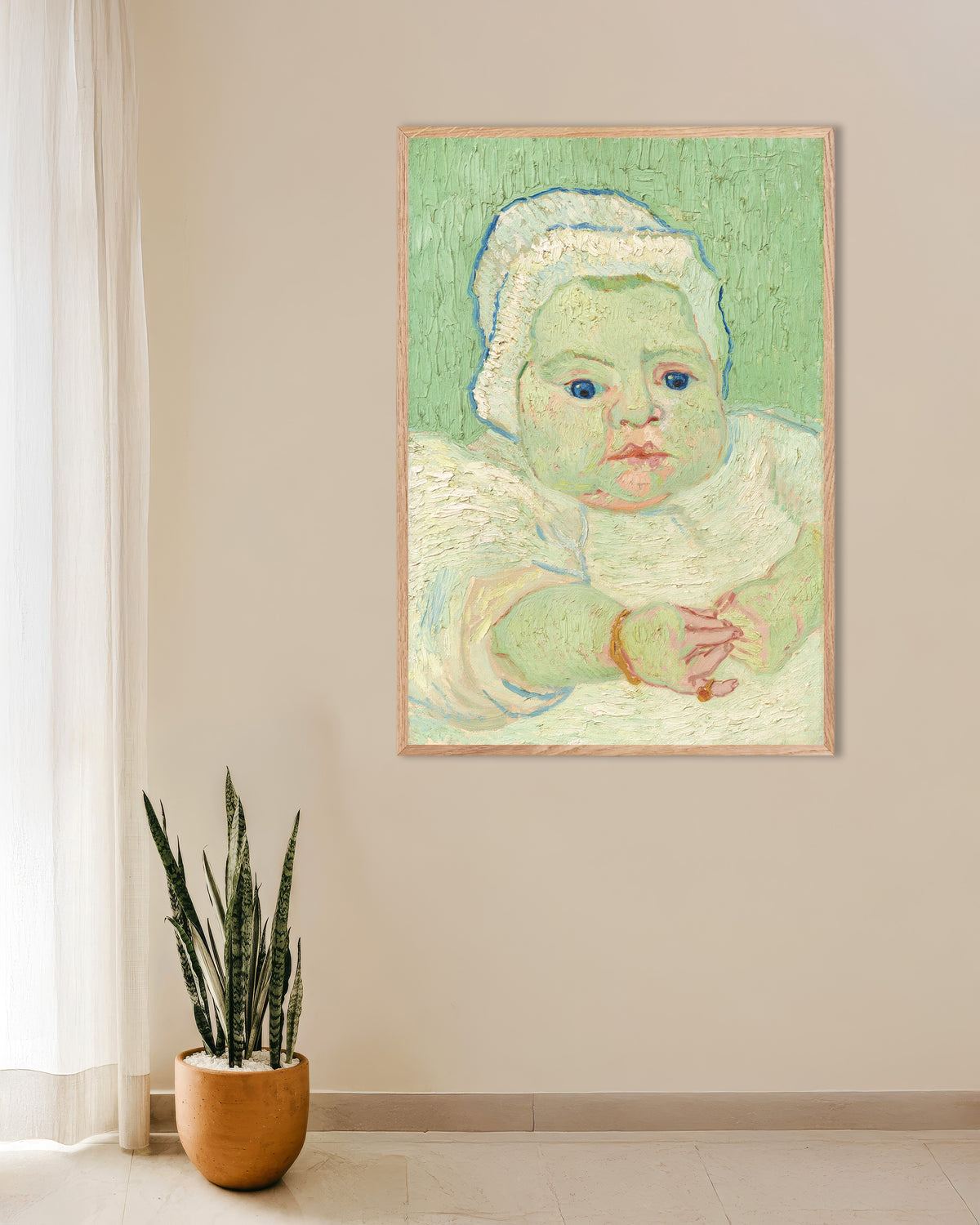 Vincent van Goghin teos Roulinin vauva (1888), luonnonvärisillä puukehyksillä