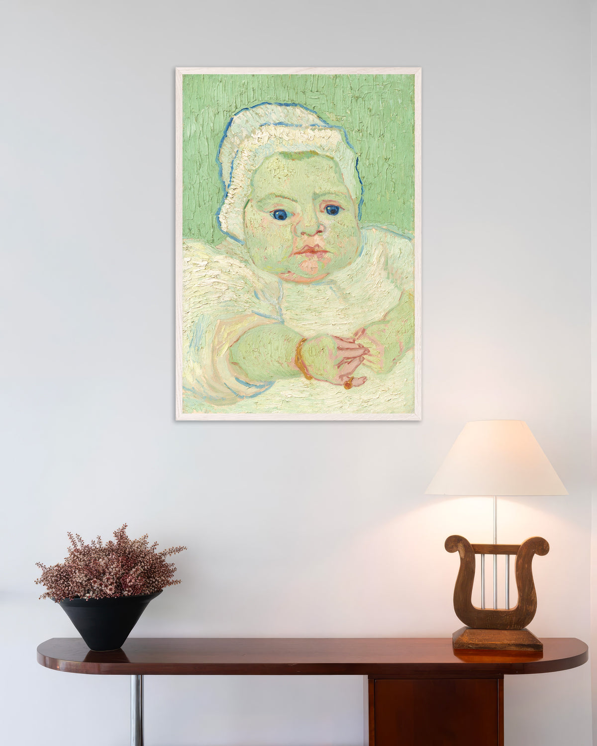 Vincent van Goghin teos Roulinin vauva (1888), valkoisilla puukehyksillä