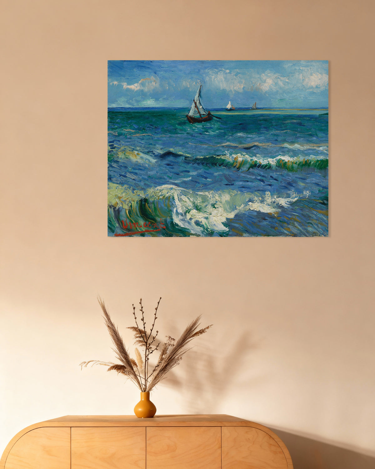 Juliste, jossa on Merimaisema lähellä Les Saintes-Maries-de-la-Meria (1888), Vincent van Goghin maalaus