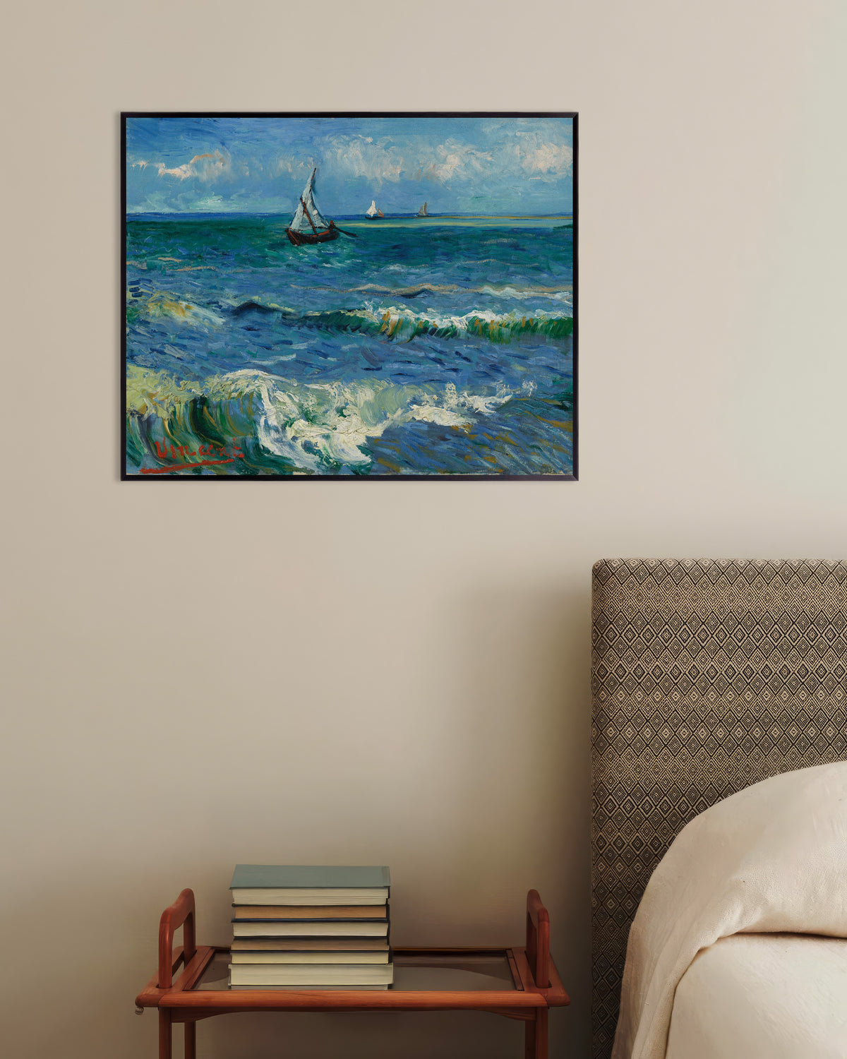 Juliste, jossa on Merimaisema lähellä Les Saintes-Maries-de-la-Meria (1888), Vincent van Goghin maalaus, metallikehyksellä