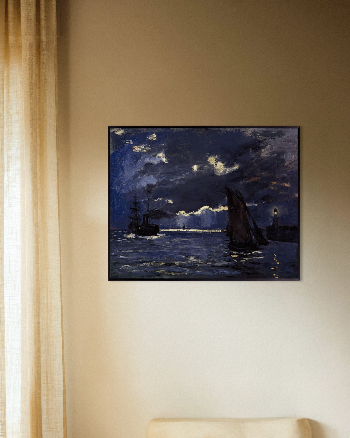 Claude Monet’n Merimaisema, laivoja kuunvalossa (1864) -juliste metallikehyksessä