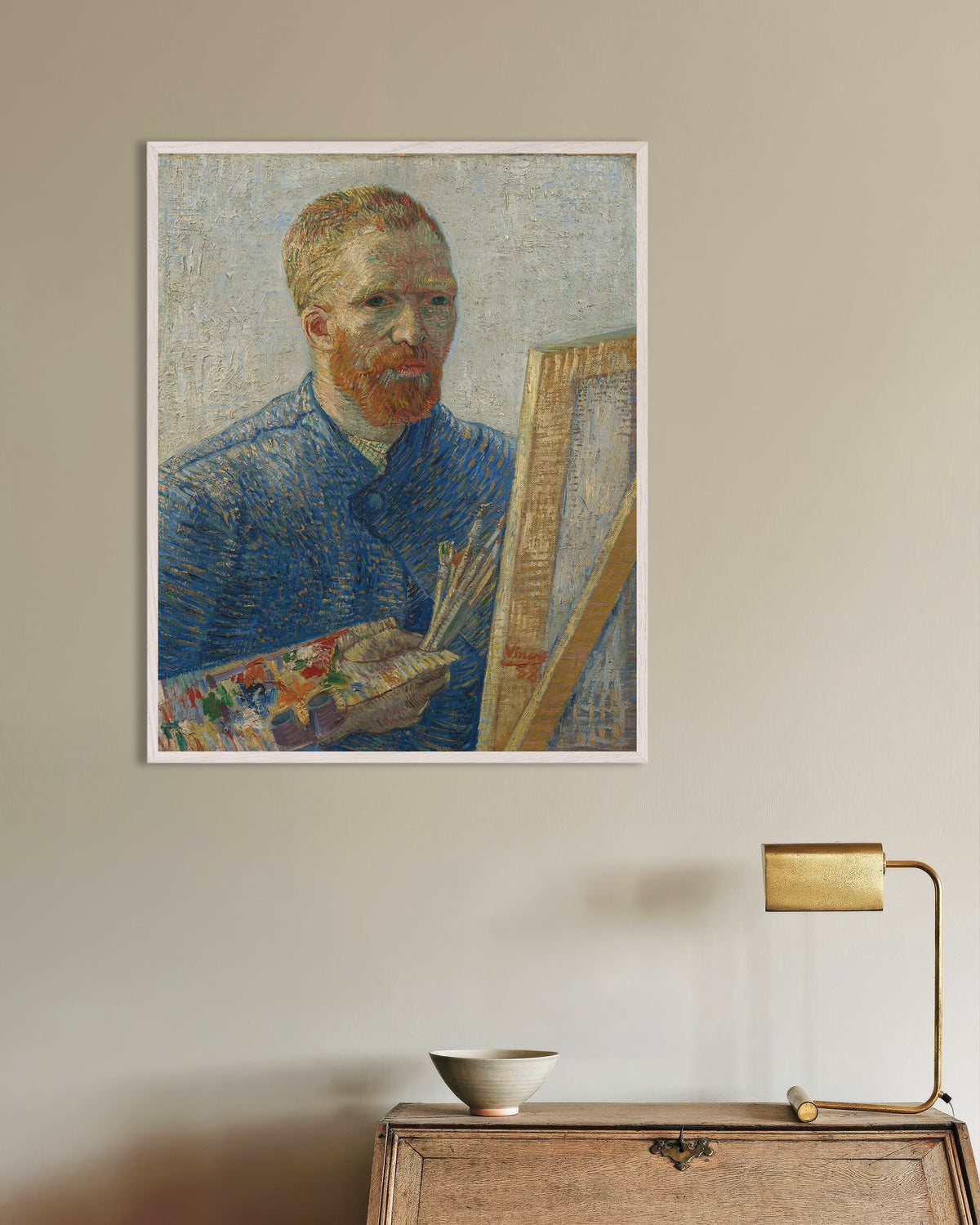 Juliste teoksesta Vincent van Goghin omakuva taiteilijana (1888), valkoisilla puukehyksillä