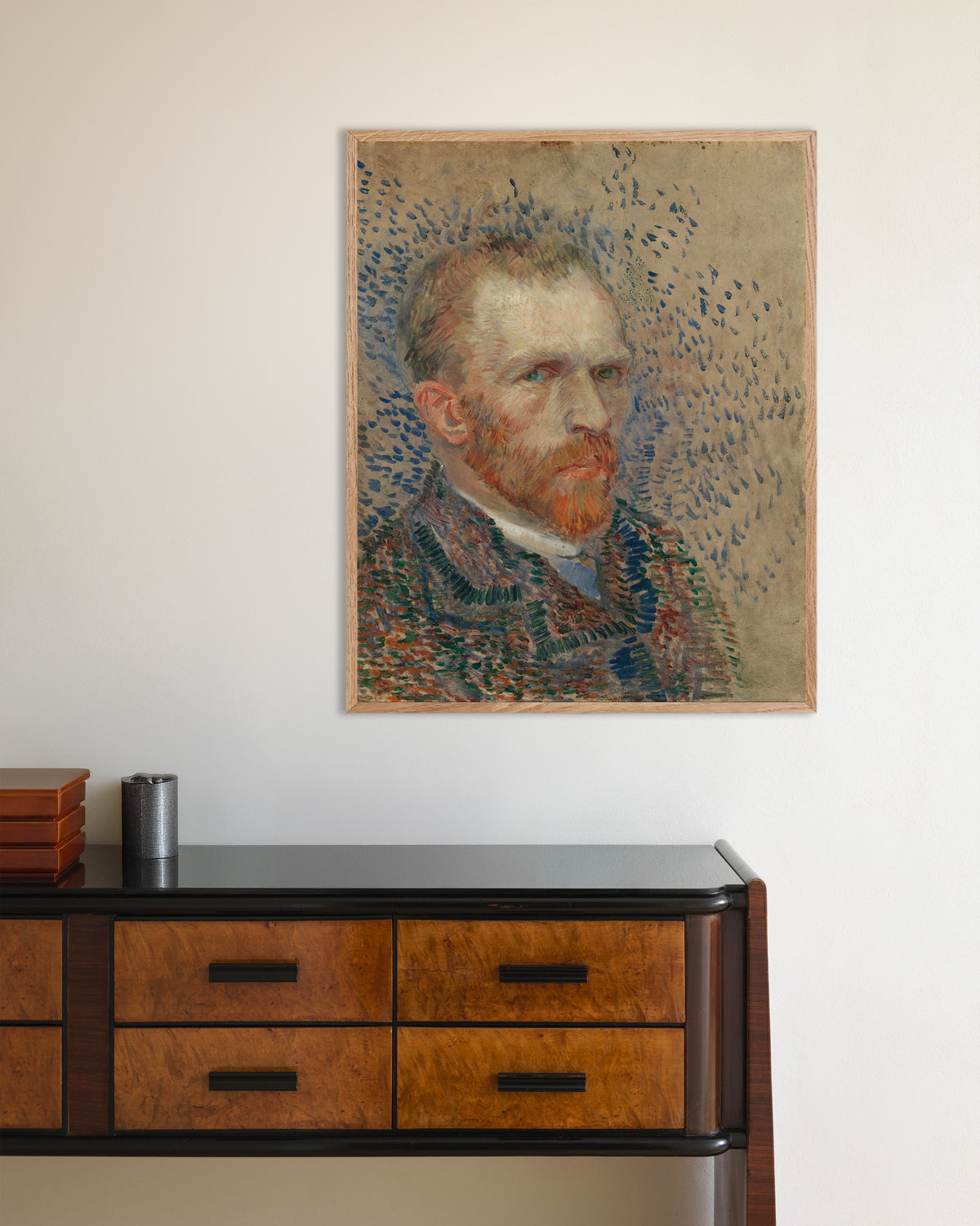 Juliste teoksesta Omakuva sinisin viivoin (1887), Vincent van Gogh, luonnonvärisillä puukehyksillä