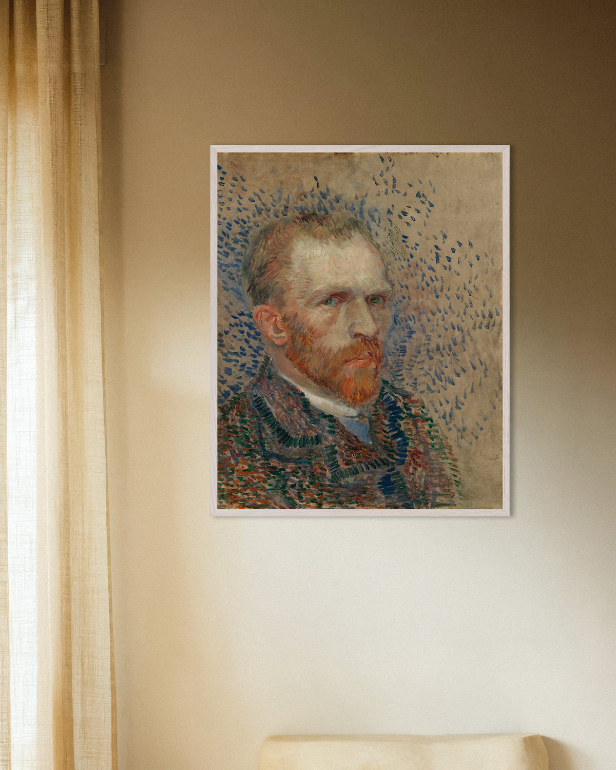 Juliste teoksesta Omakuva sinisin viivoin (1887), Vincent van Gogh, valkoisilla puukehyksillä