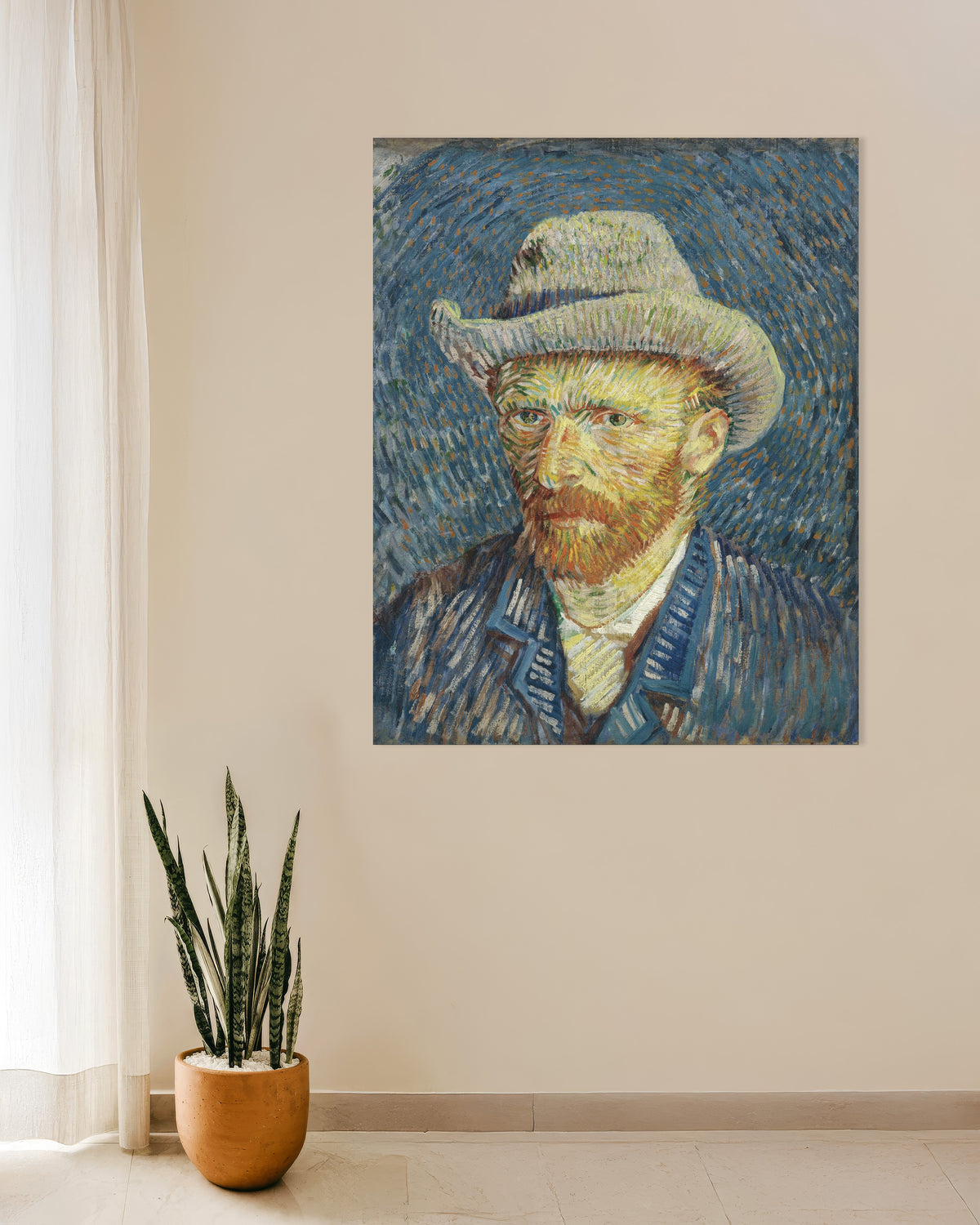 Juliste teoksesta Vincent van Goghin omakuva harmaassa huopahatussa (1887)