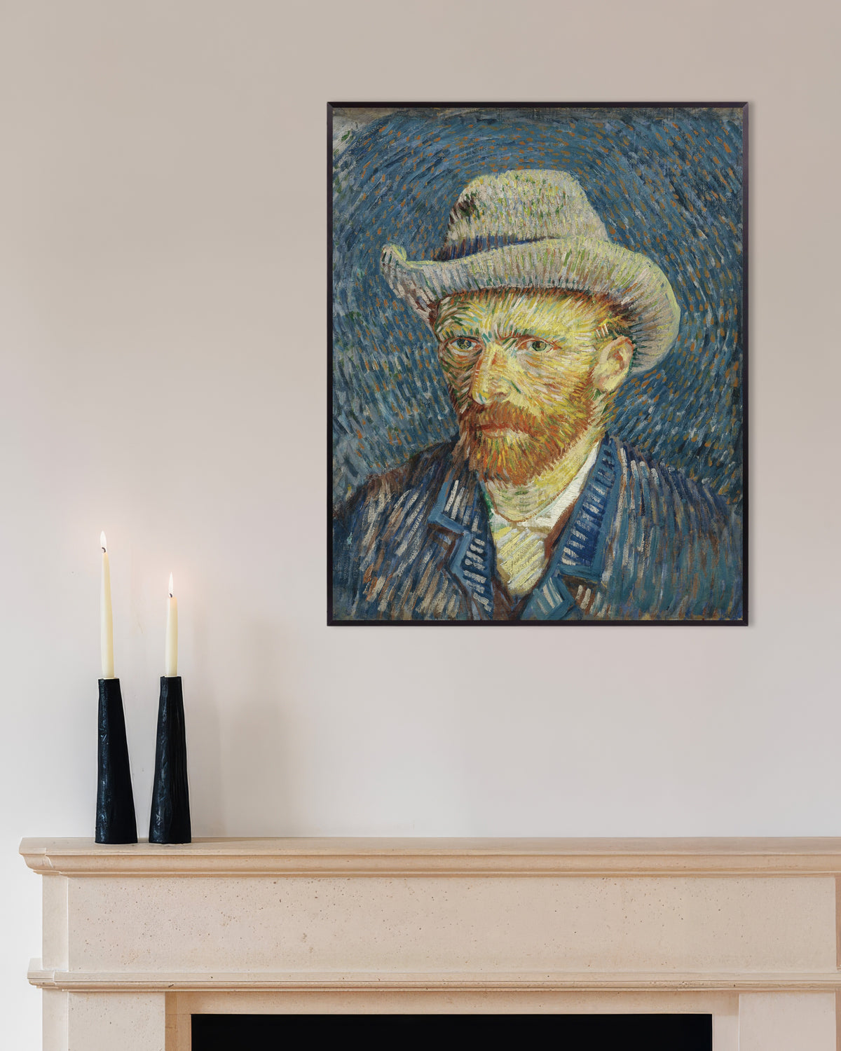 Juliste teoksesta Vincent van Goghin omakuva harmaassa huopahatussa (1887), metallikehyksillä