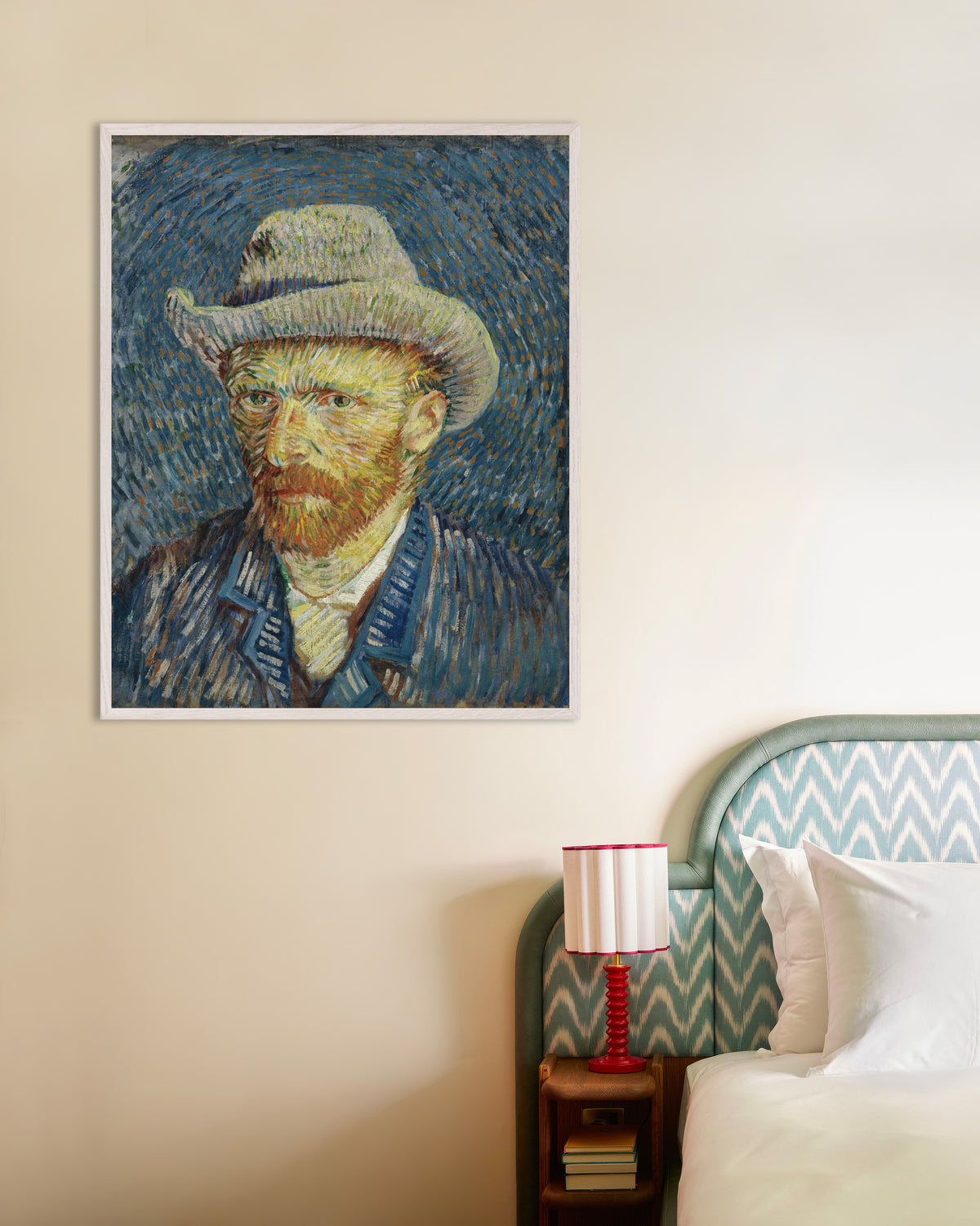 Juliste teoksesta Vincent van Goghin omakuva harmaassa huopahatussa (1887), valkoisilla puukehyksillä