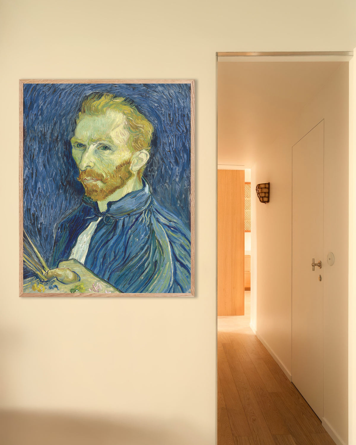 Vincent van Goghin teoksen Omakuva paletin kanssa (1889) juliste luonnonvärisellä puukehyksellä