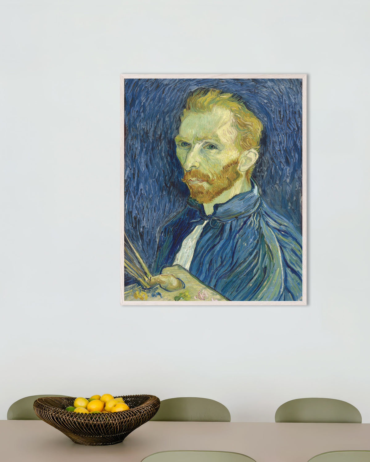 Vincent van Goghin teoksen Omakuva paletin kanssa (1889) juliste valkoisella puukehyksellä