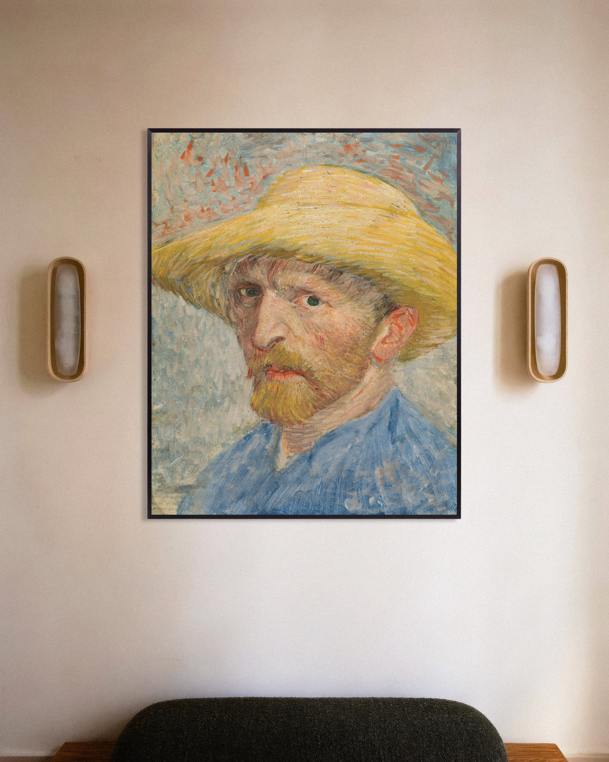 Juliste Omakuva olkihattu päässä ja sinisessä työtakissa (1887), Vincent van Gogh, metallikehyksissä