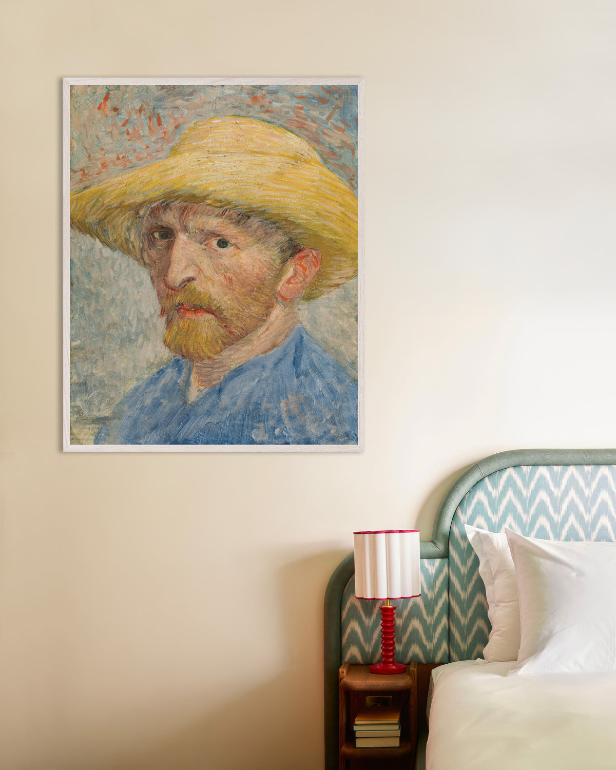Juliste Omakuva olkihattu päässä ja sinisessä työtakissa (1887), Vincent van Gogh, valkoisissa puukehyksissä