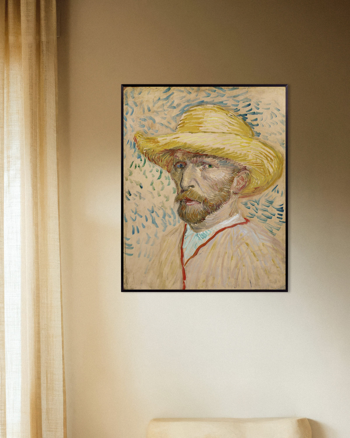 Juliste teoksesta Vincent van Goghin omakuva olkihatussa ja maalarin takissa (1887), metallikehyksellä