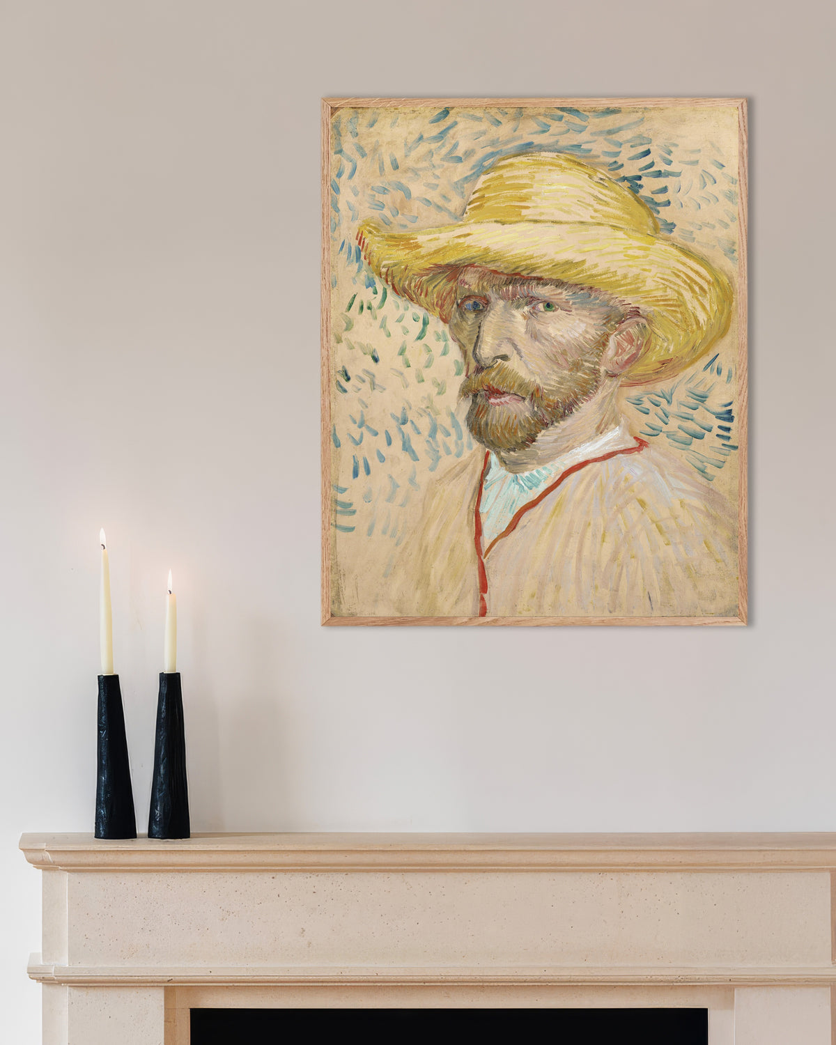 Juliste teoksesta Vincent van Goghin omakuva olkihatussa ja maalarin takissa (1887), luonnonvärisellä puukehyksellä