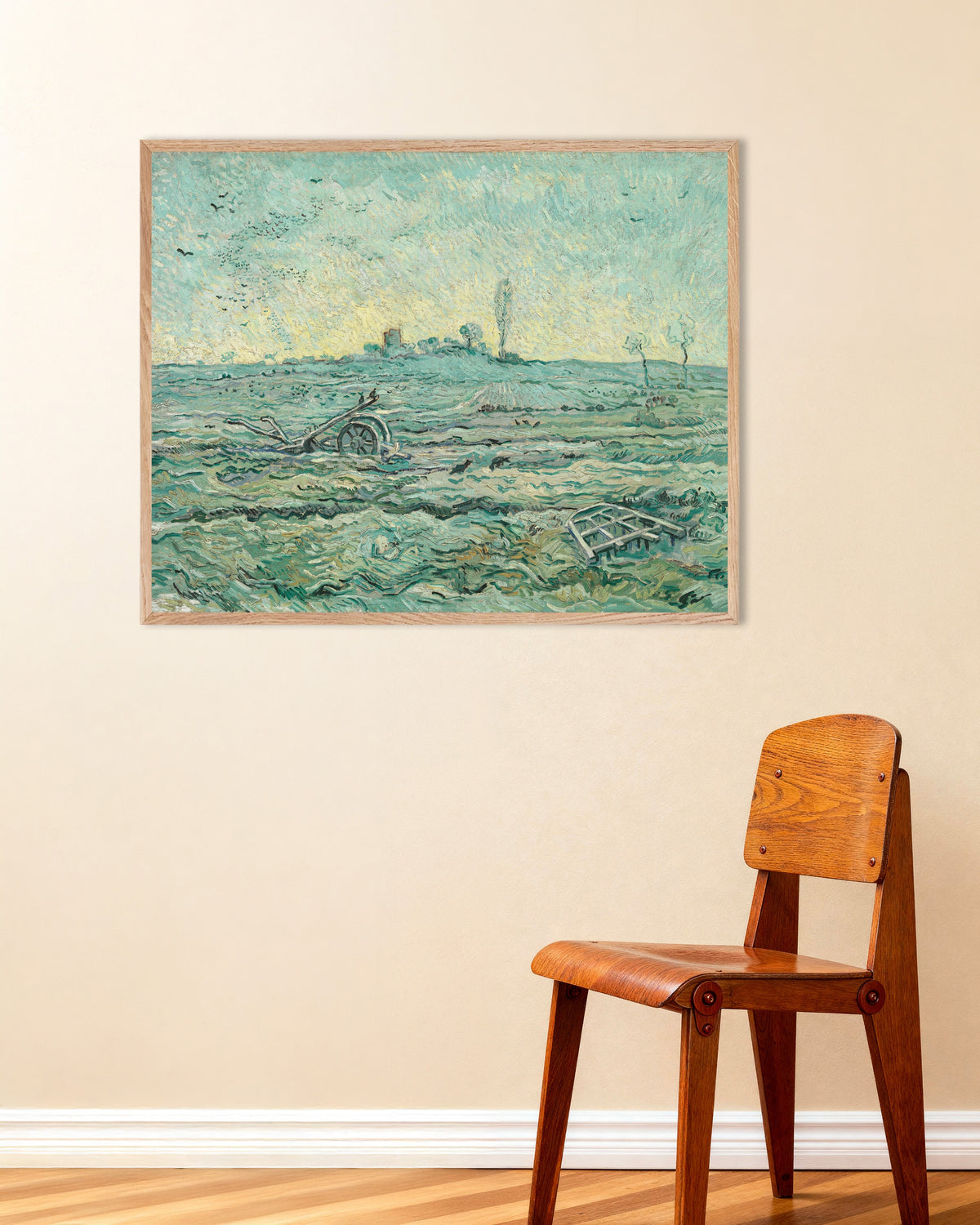 Juliste teoksesta Lumen peittämä pelto äkeen kanssa, Jean-François Millet’n mukaan (1890), Vincent van Gogh, luonnonvärisissä puukehyksissä