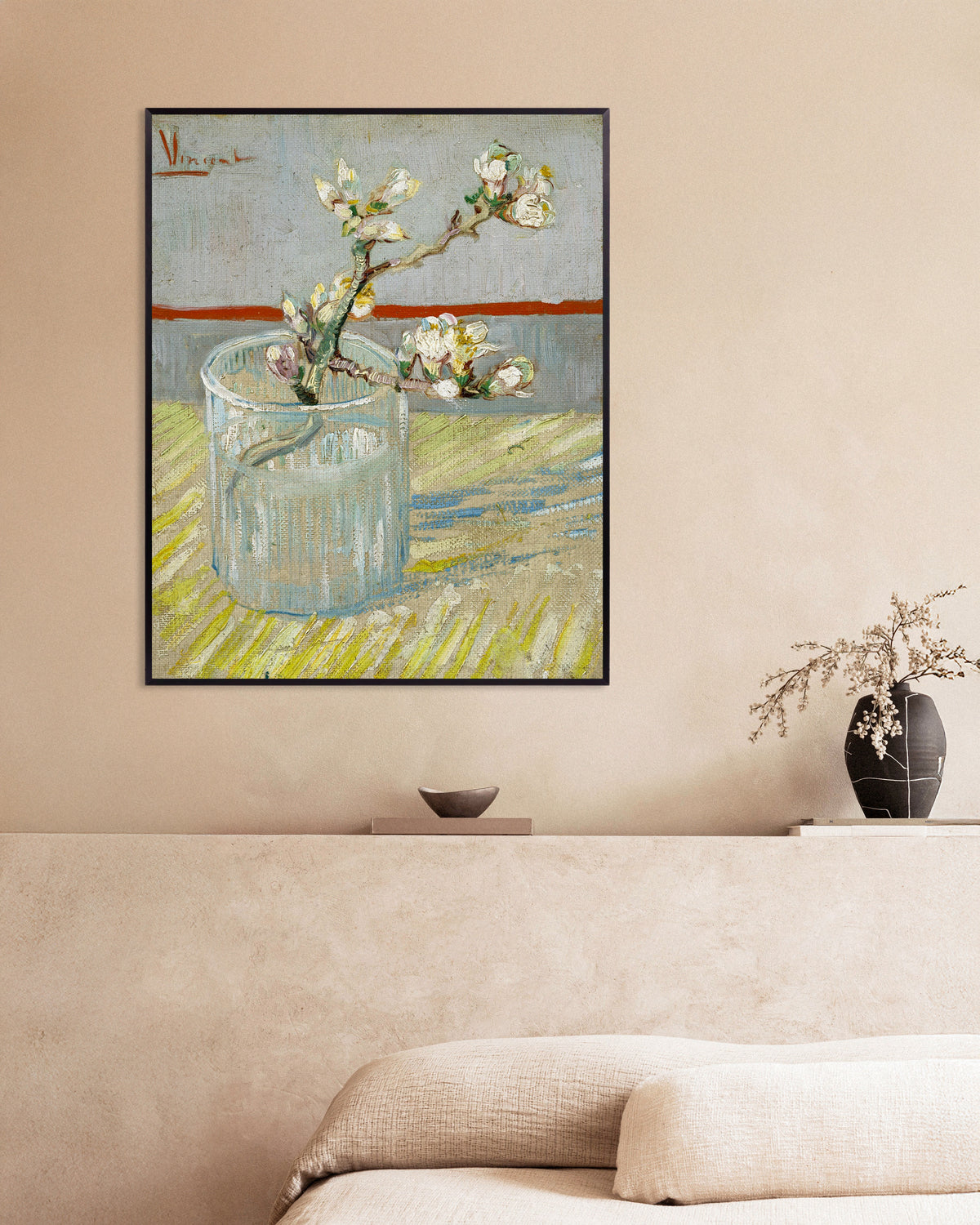 Juliste teoksesta Kukkivan mantelin oksa lasissa (1888), Vincent van Gogh, metallikehyksillä