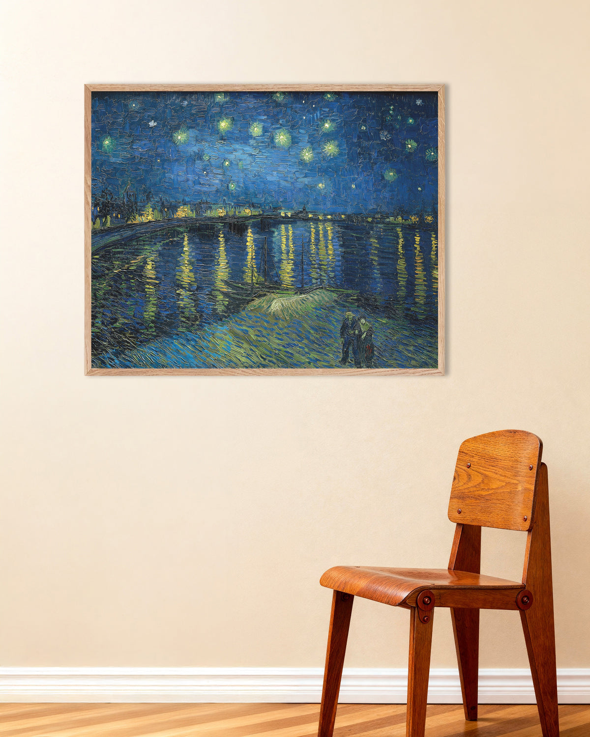 Juliste teoksesta Tähtikirkas yö Rhône-joen yllä (1888), Vincent van Gogh, luonnonvärisillä puukehyksillä