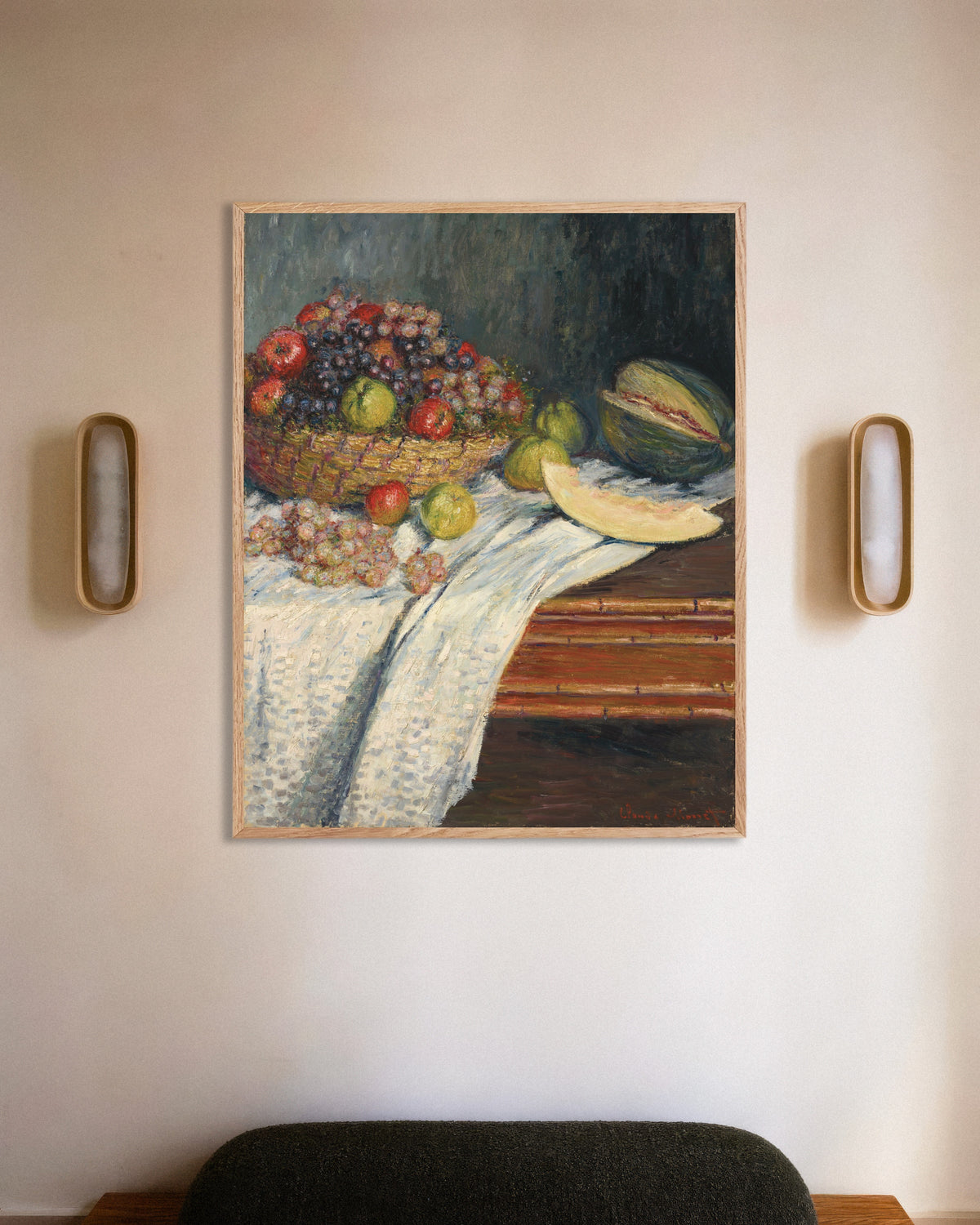Claude Monet’n Asetelma ja meloni (1879) -juliste luonnonvärisessä puukehyksessä