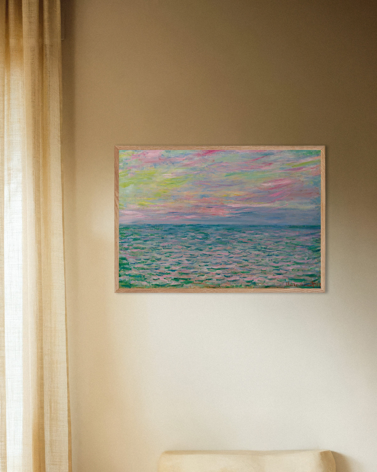 Claude Monet’n Auringonlasku Pourvillessa, aava meri (1882) -juliste luonnonvärisessä puukehyksessä