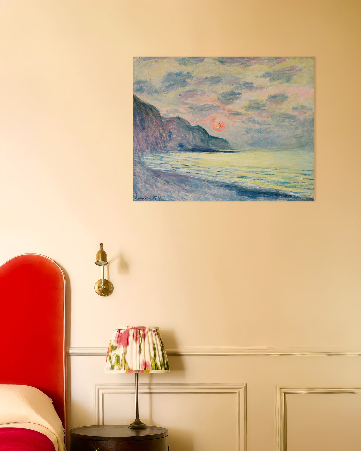 Claude Monet’n Auringonlasku usvaisella säällä, Pourville (1882) -juliste