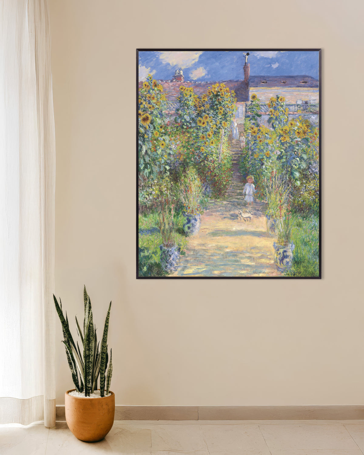 Claude Monet’n Taiteilijan puutarha Vétheuilissa (1881) -juliste metallikehyksessä