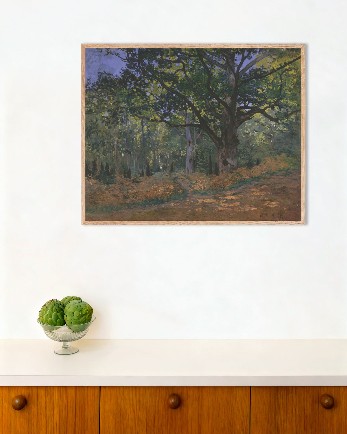 Claude Monet’n Bodmerin tammi, Fontainebleaun metsä (1865) -juliste luonnonvärisessä puukehyksessä