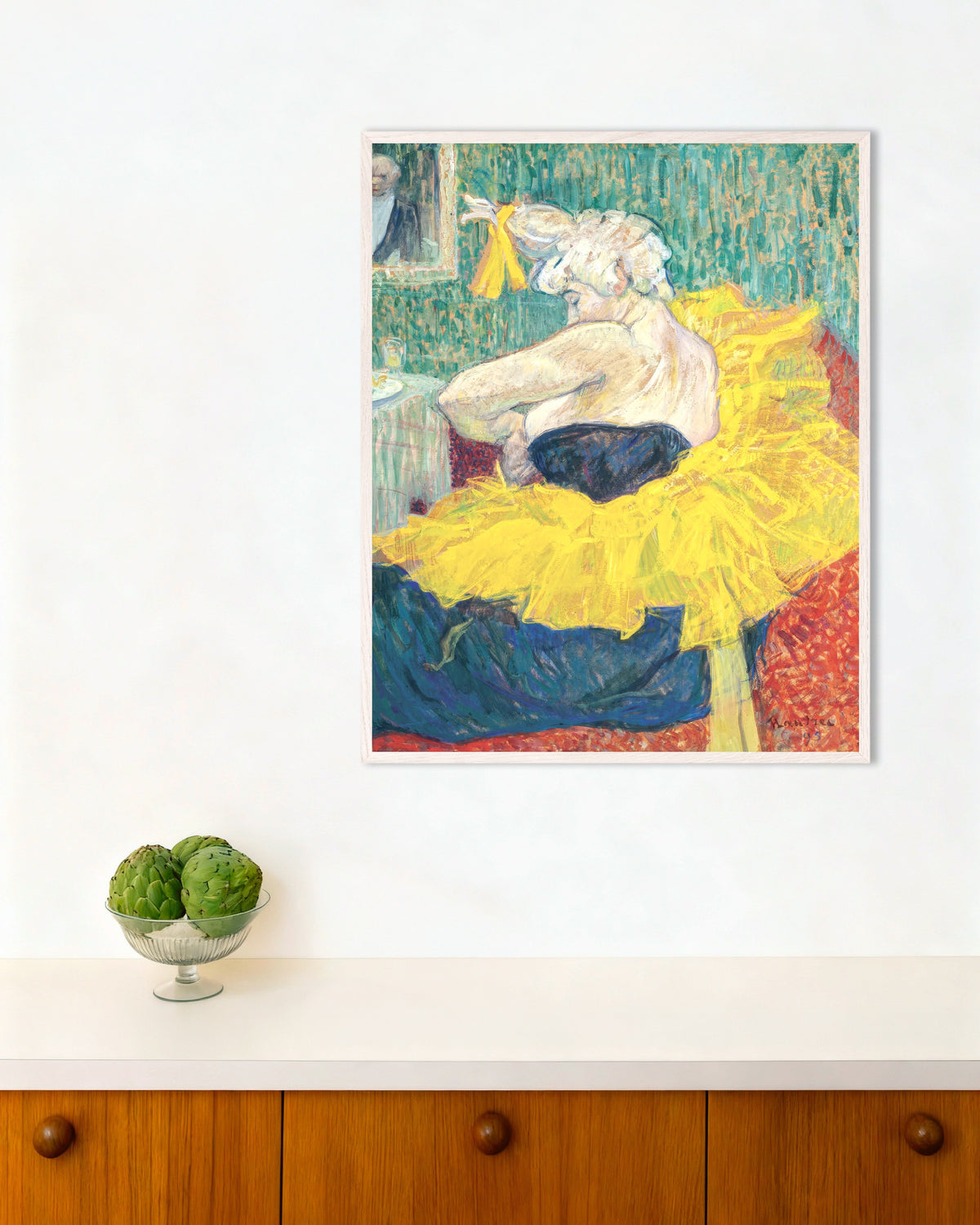 Henri de Toulouse-Lautrecin klovnessa Cha-U-Kao, 1895, juliste valkoisilla puukehyksillä