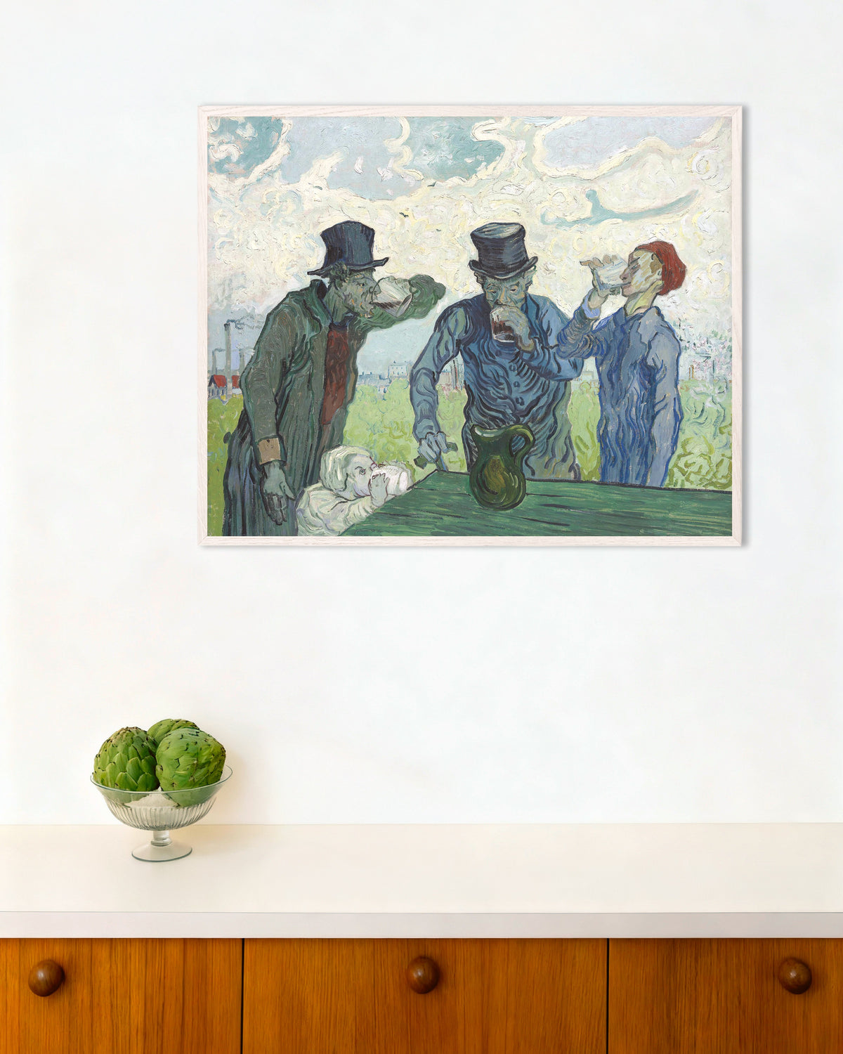 Juopottelijat, Daumier’n mukaan (1890), Vincent van Gogh, juliste valkoisissa puukehyksissä