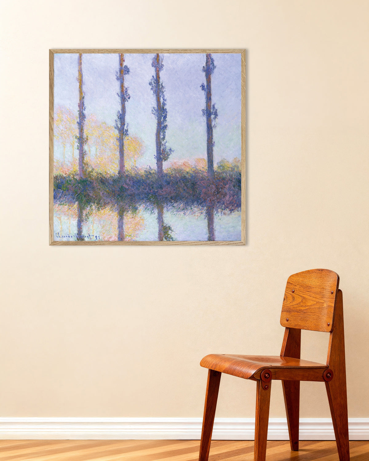 Claude Monet’n Neljä puuta (1891) -juliste luonnonvärisessä puukehyksessä