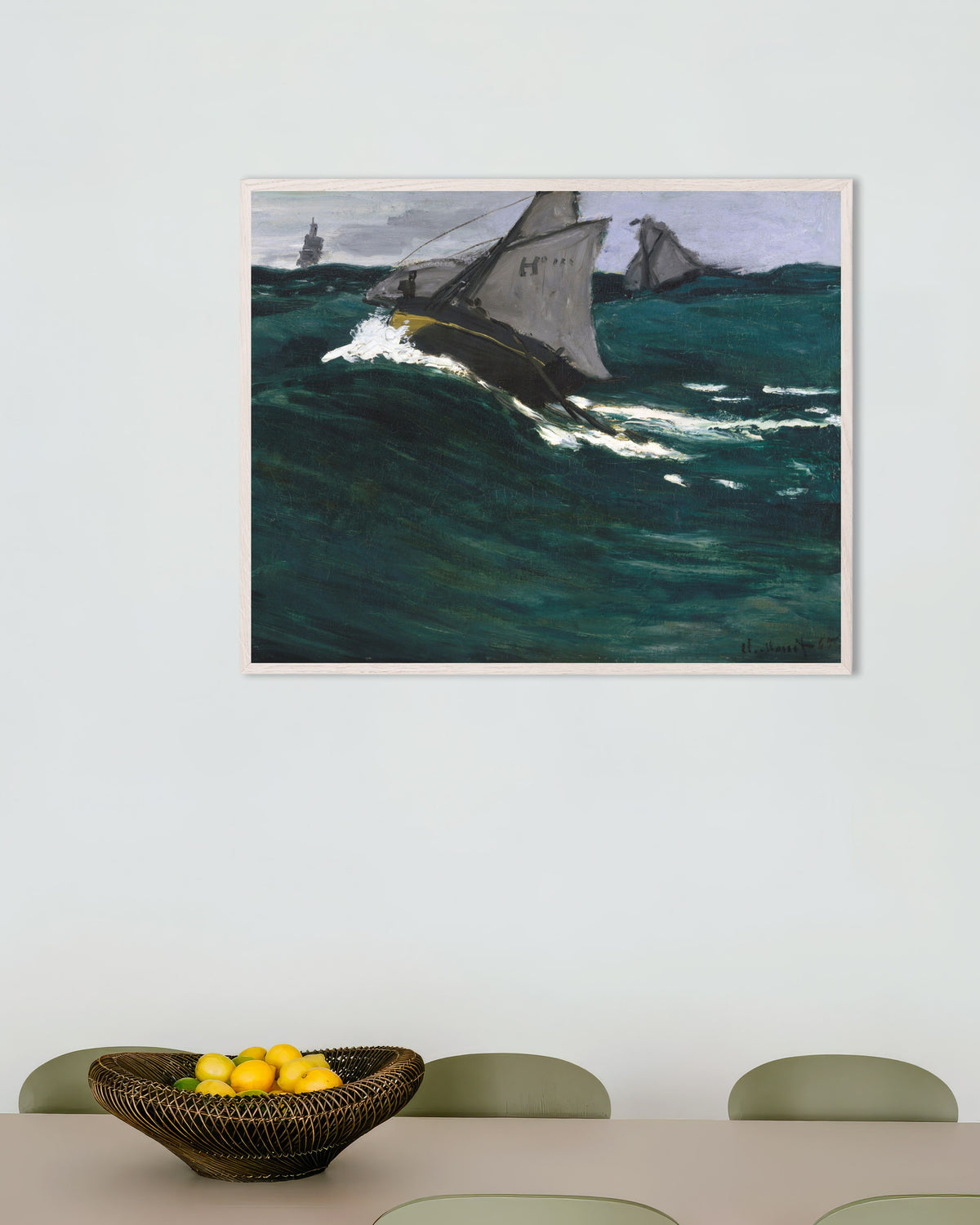 Claude Monet’n Vihreä aalto (n. 1866–1867) -juliste valkoisessa puukehyksessä