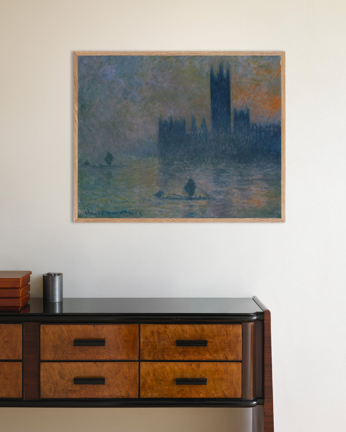 Claude Monet’n Parlamenttitalo, sumuvaikutelma (1903–1904) -juliste luonnonvärisessä puukehyksessä